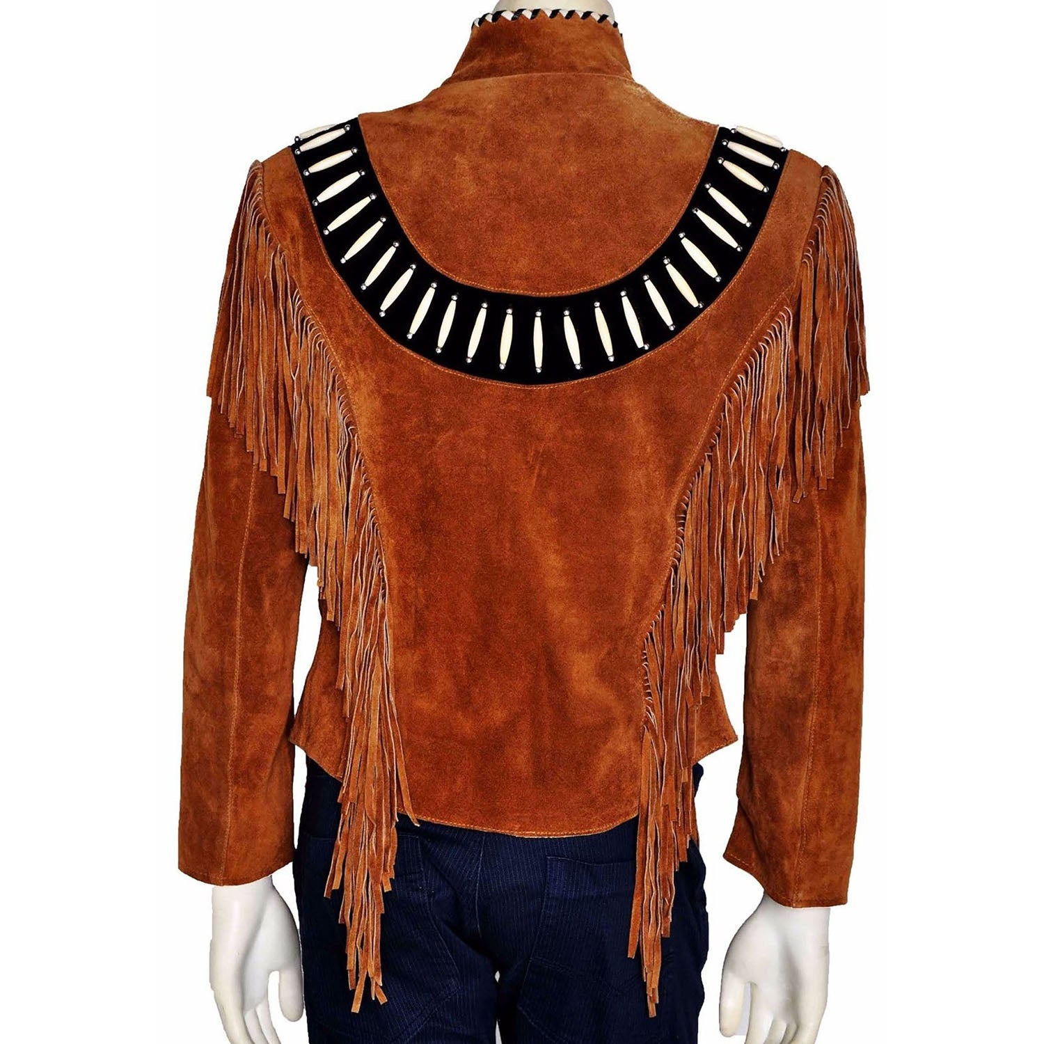 Western Fringe Brown Suede Leather Bone work Jacket for Women side view