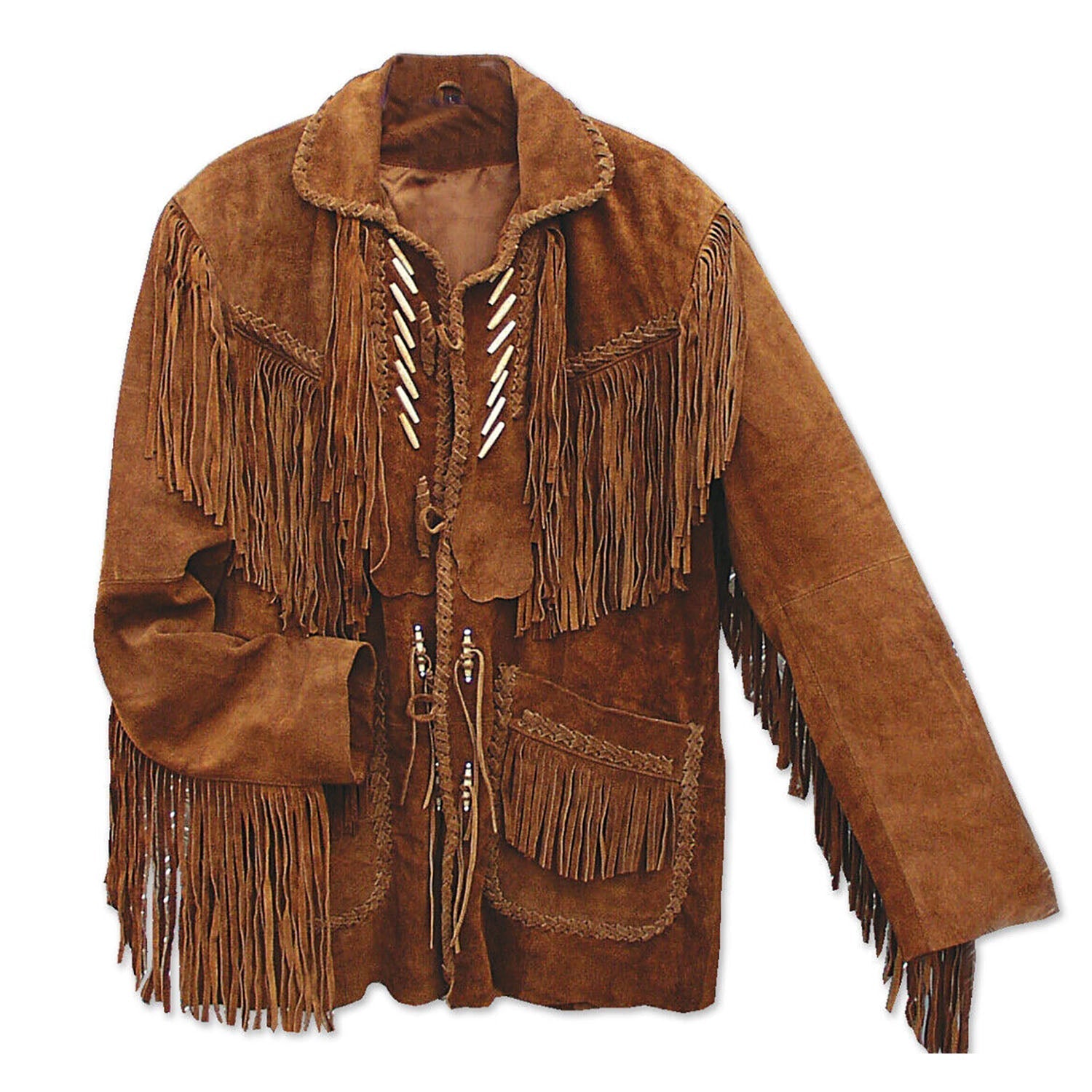 Close-up detail of the brown suede leather fringe jacket for men