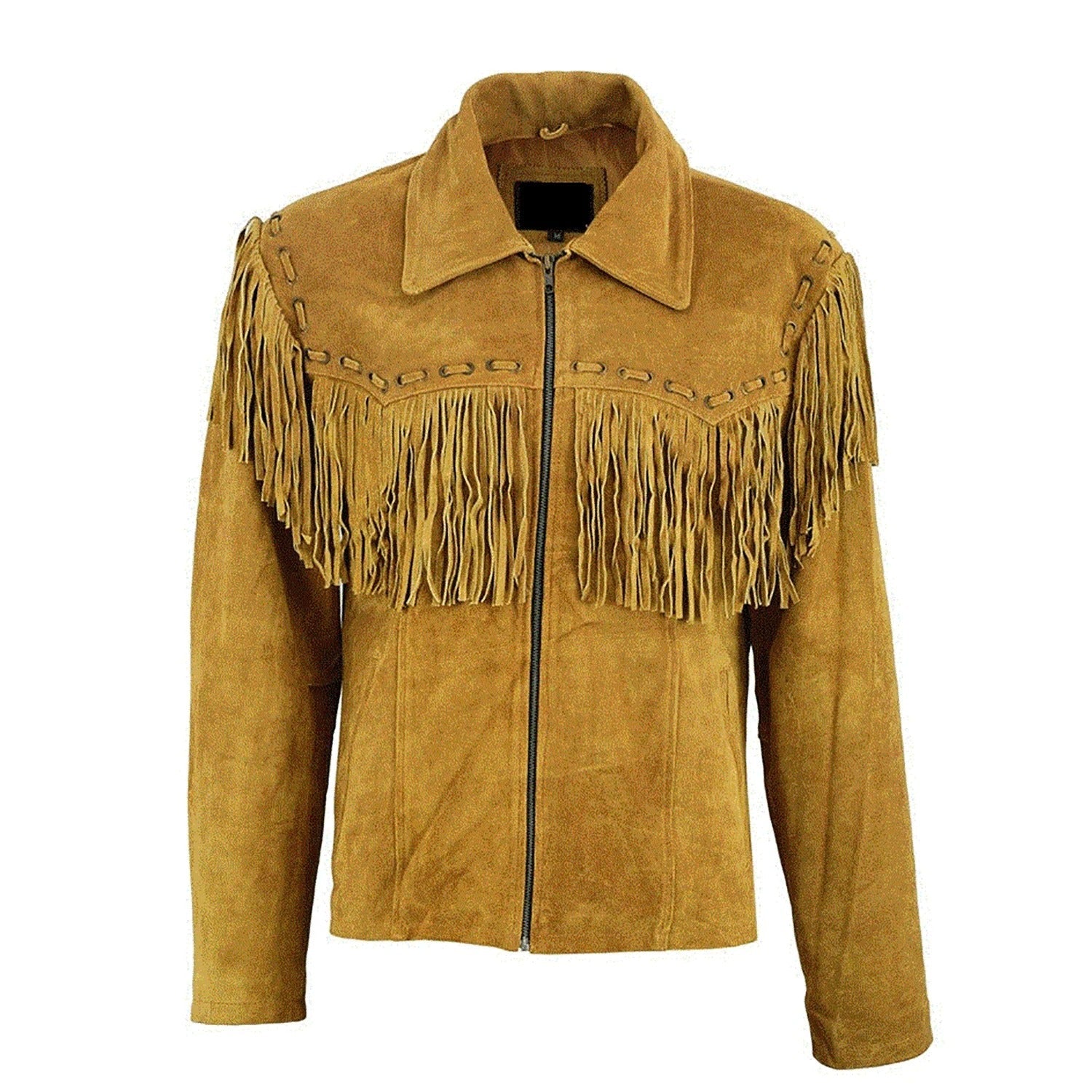 Front view of the brown suede leather fringe jacket for men