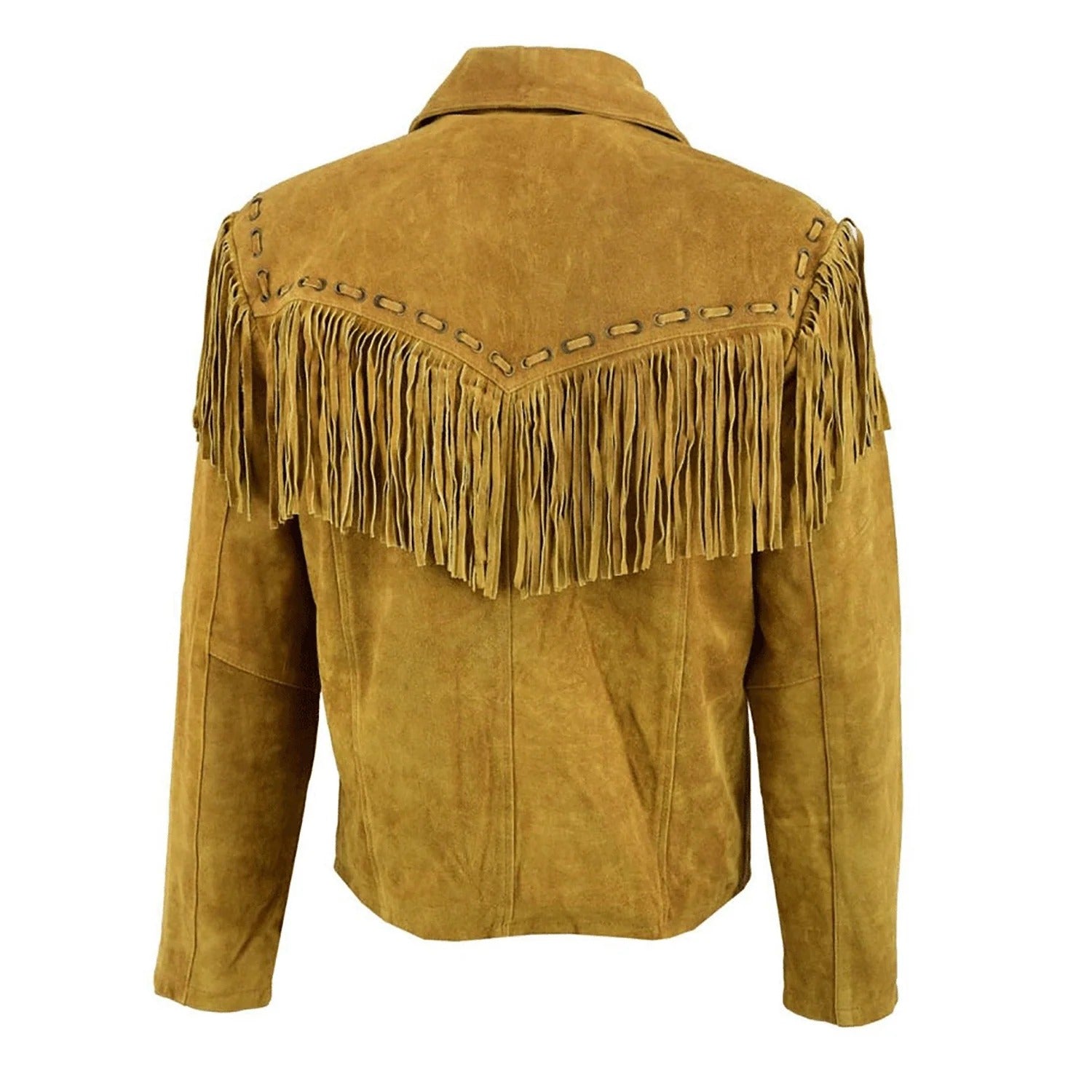 Back view of the brown suede leather fringe jacket for men