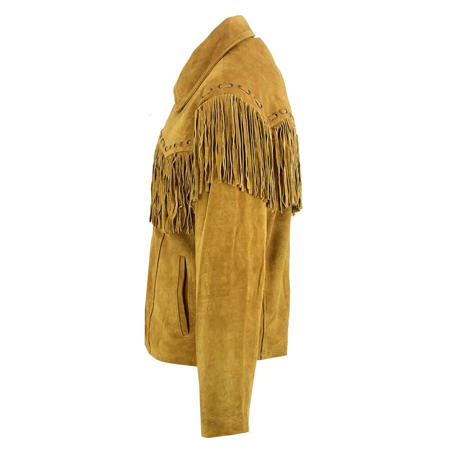 Side view of the brown suede leather fringe jacket for men