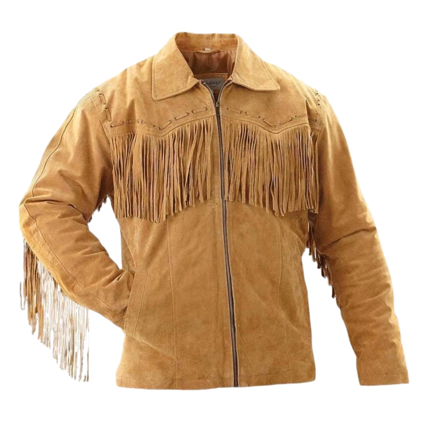 Front view of the brown suede leather fringe jacket for men