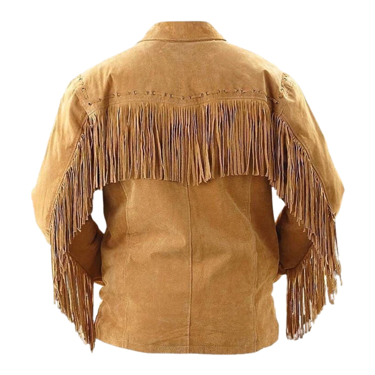Back view of the brown suede leather fringe jacket for men