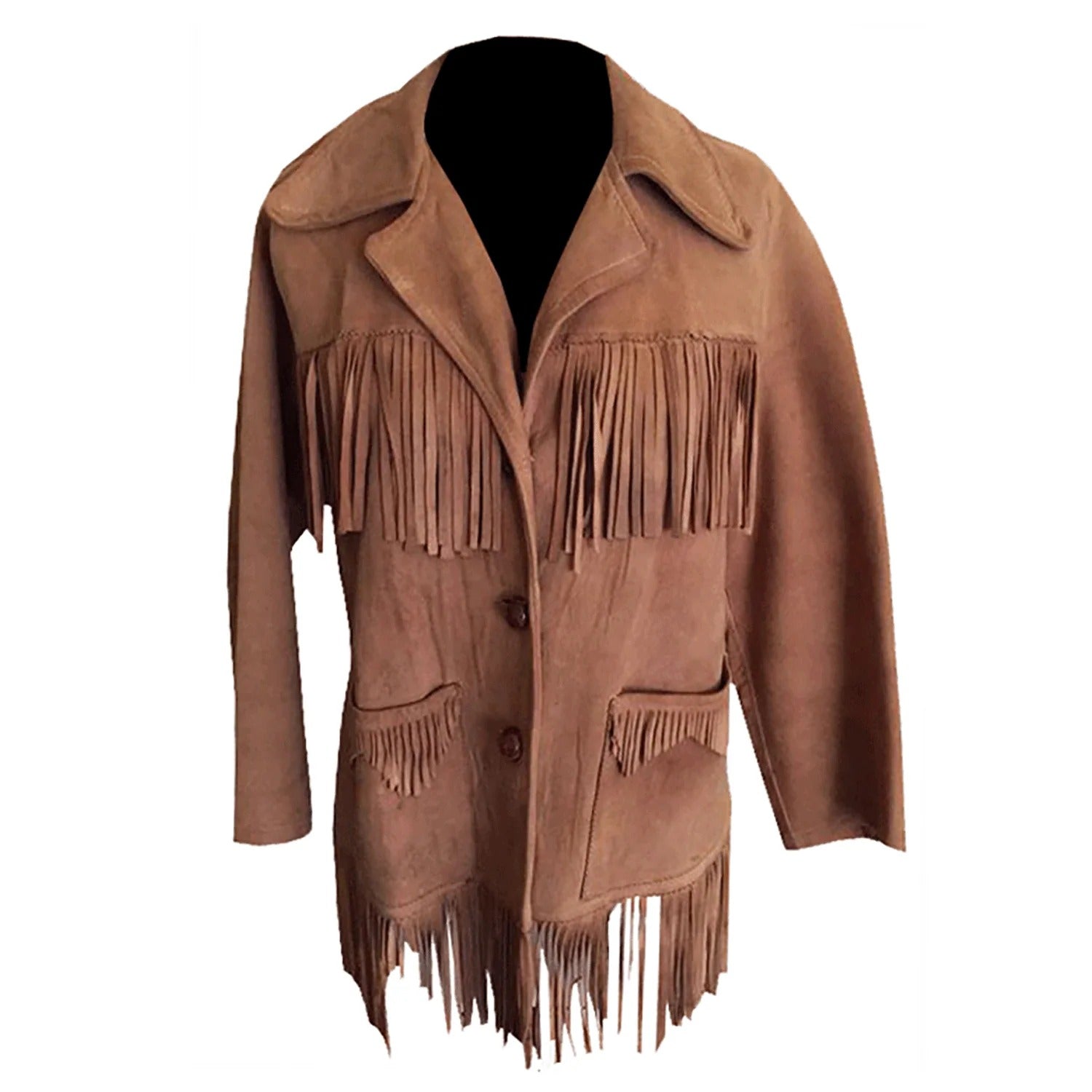 Front view of the brown suede leather fringe jacket for men
