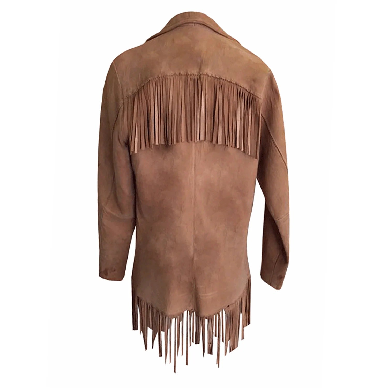 Back view of the brown suede leather fringe jacket for men