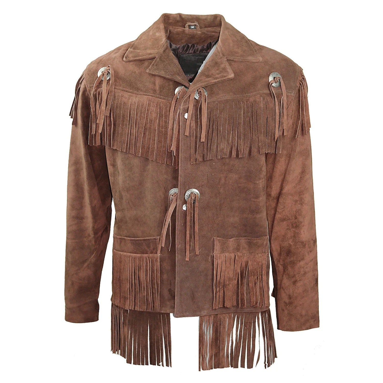 Front view of the brown suede leather fringe jacket for men