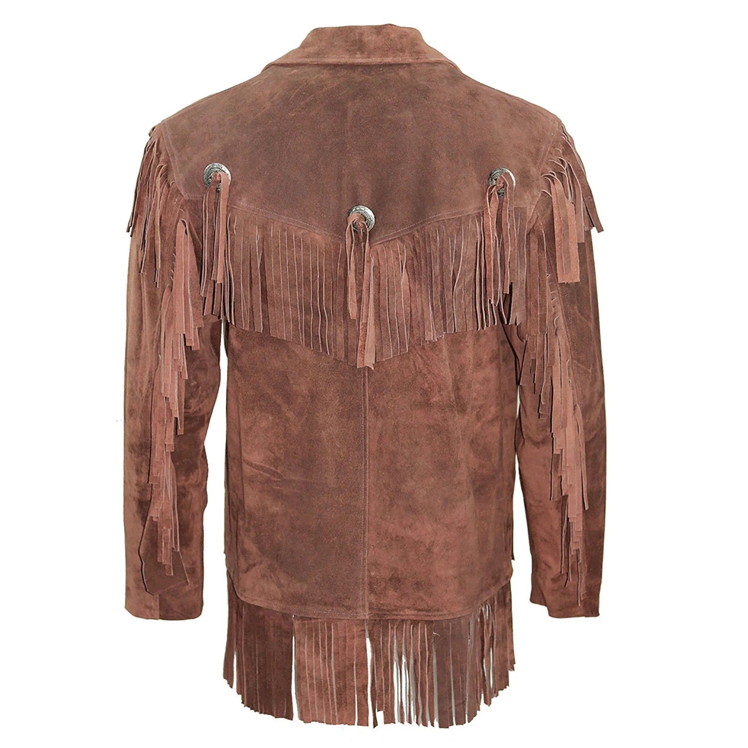 Back view of the brown suede leather fringe jacket for men