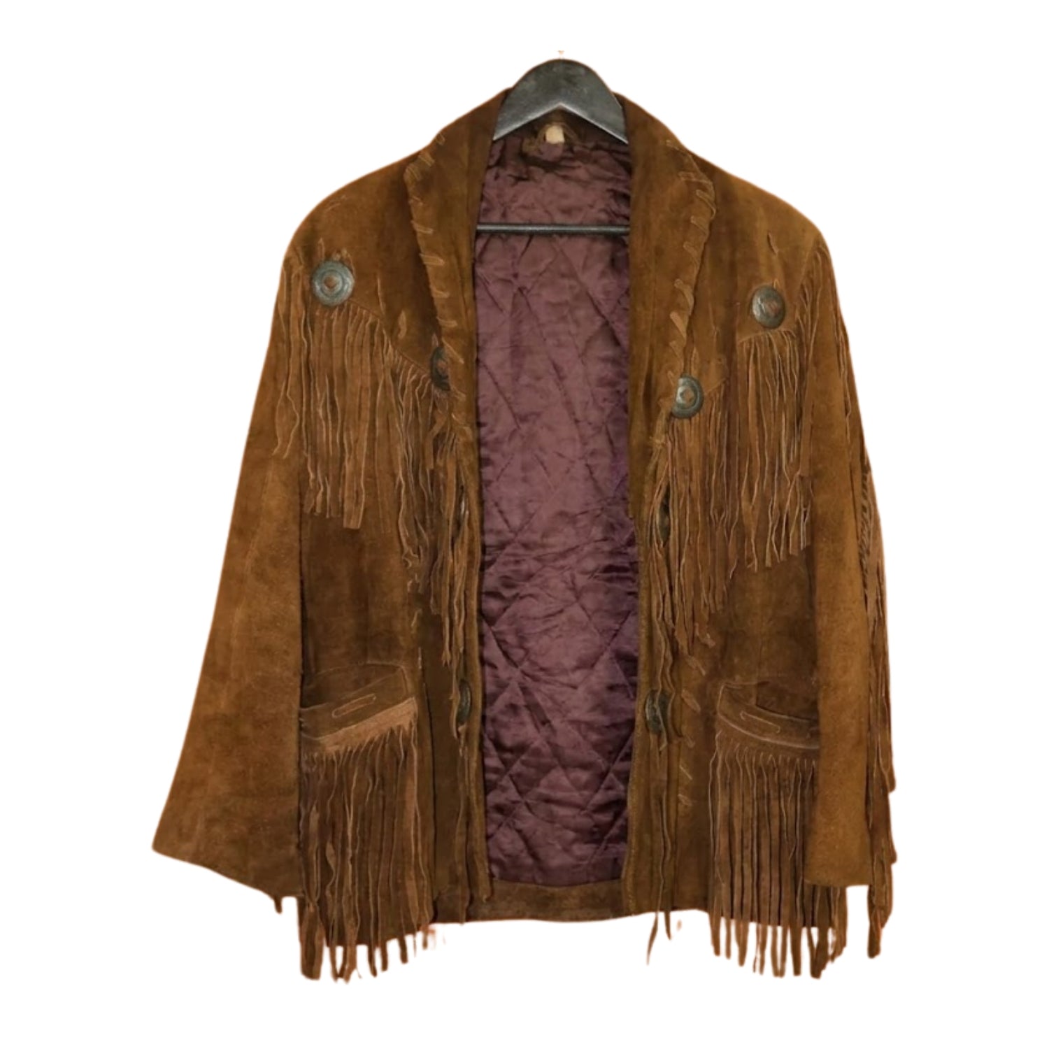 Front view of the brown suede leather fringe jacket for men