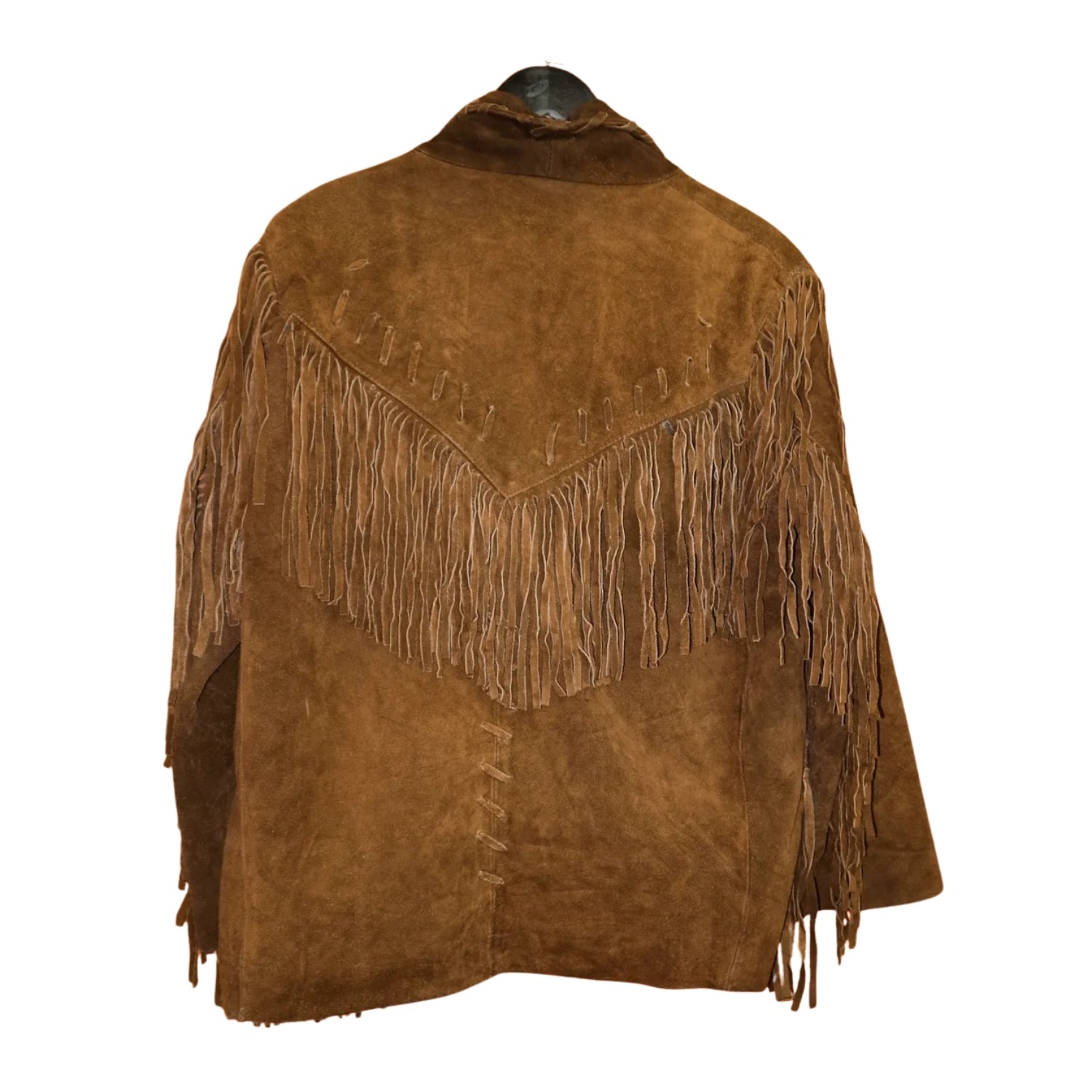 Back view of the brown suede leather fringe jacket for men