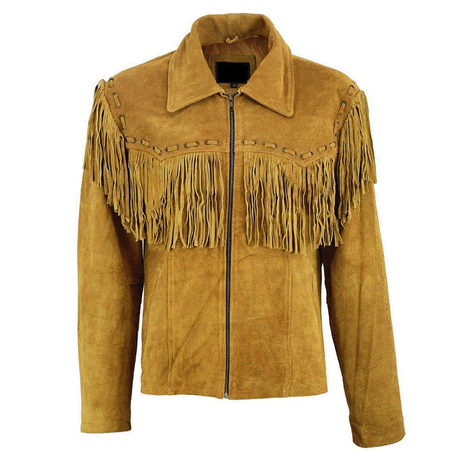 Front view of the brown suede leather fringe jacket for men