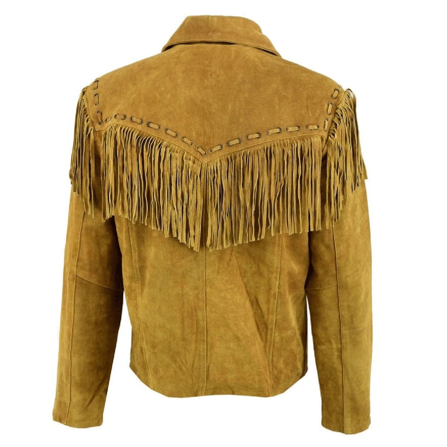 Back view of the brown suede leather fringe jacket for men