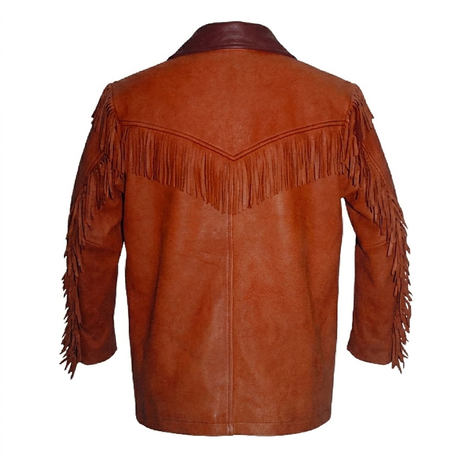 The brown suede leather fringe jacket, pictured in close-up
