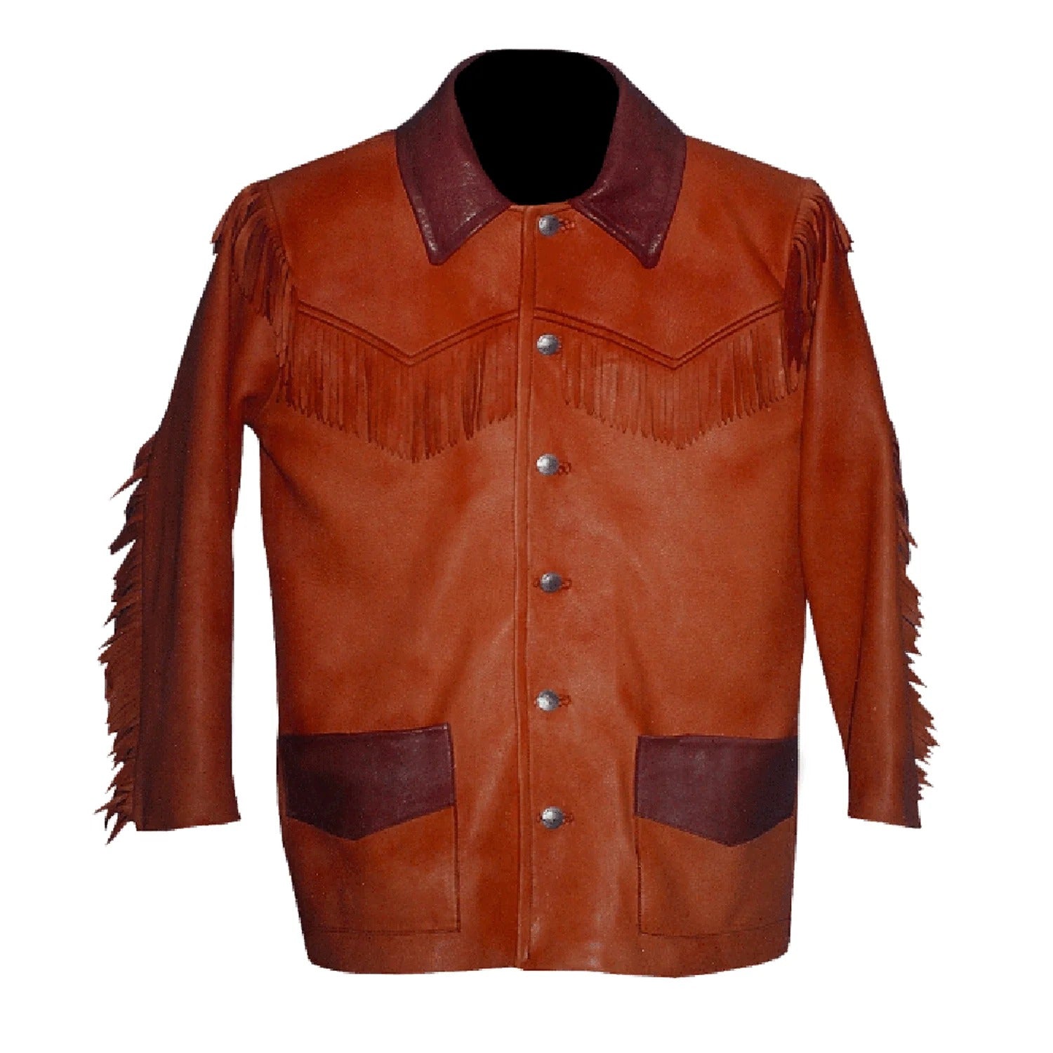 Brown suede leather fringe jacket, back view