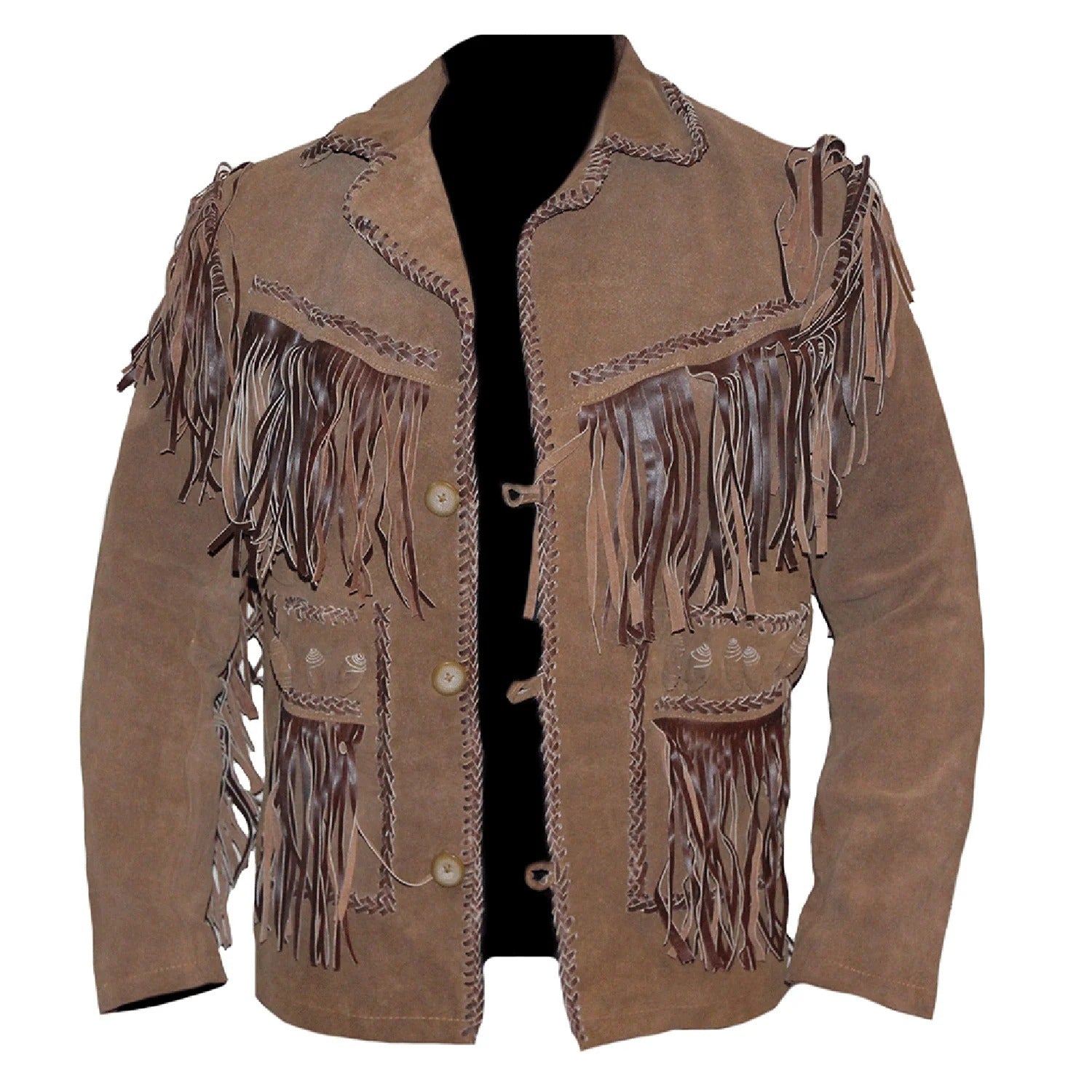 Back view of the brown suede leather fringe jacket for men