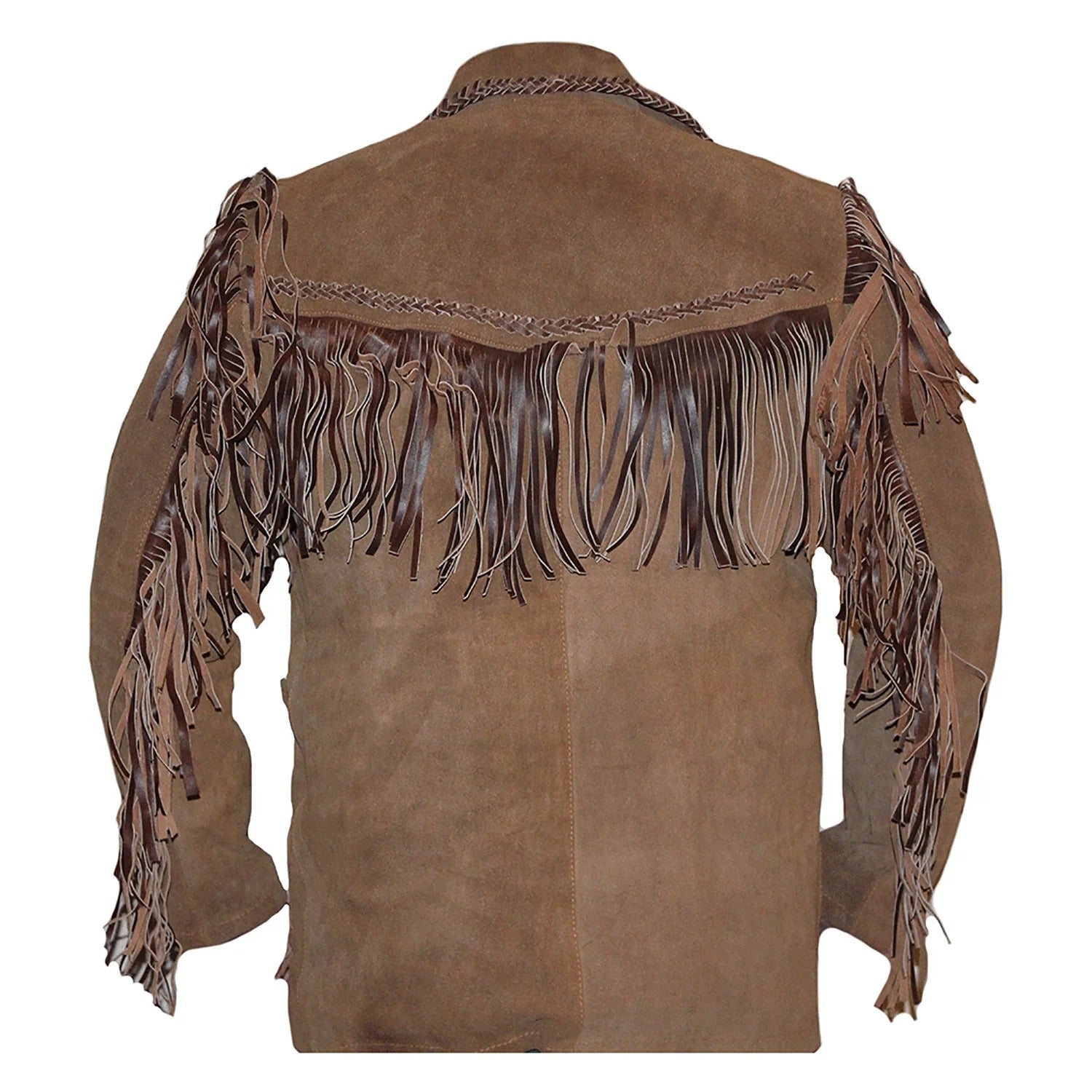 Full display of the brown suede leather fringe jacket for men