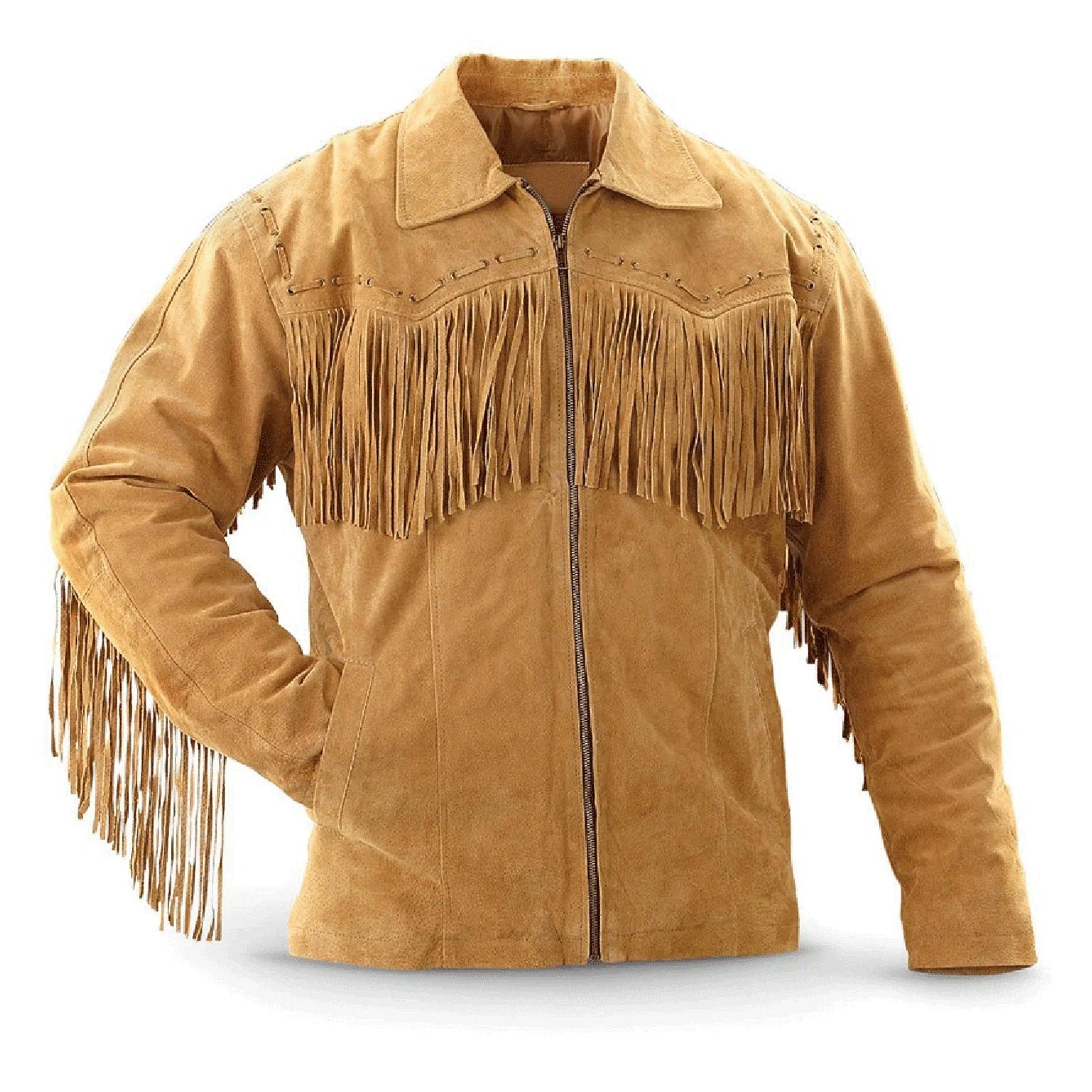 The brown suede leather fringe jacket, pictured in detail