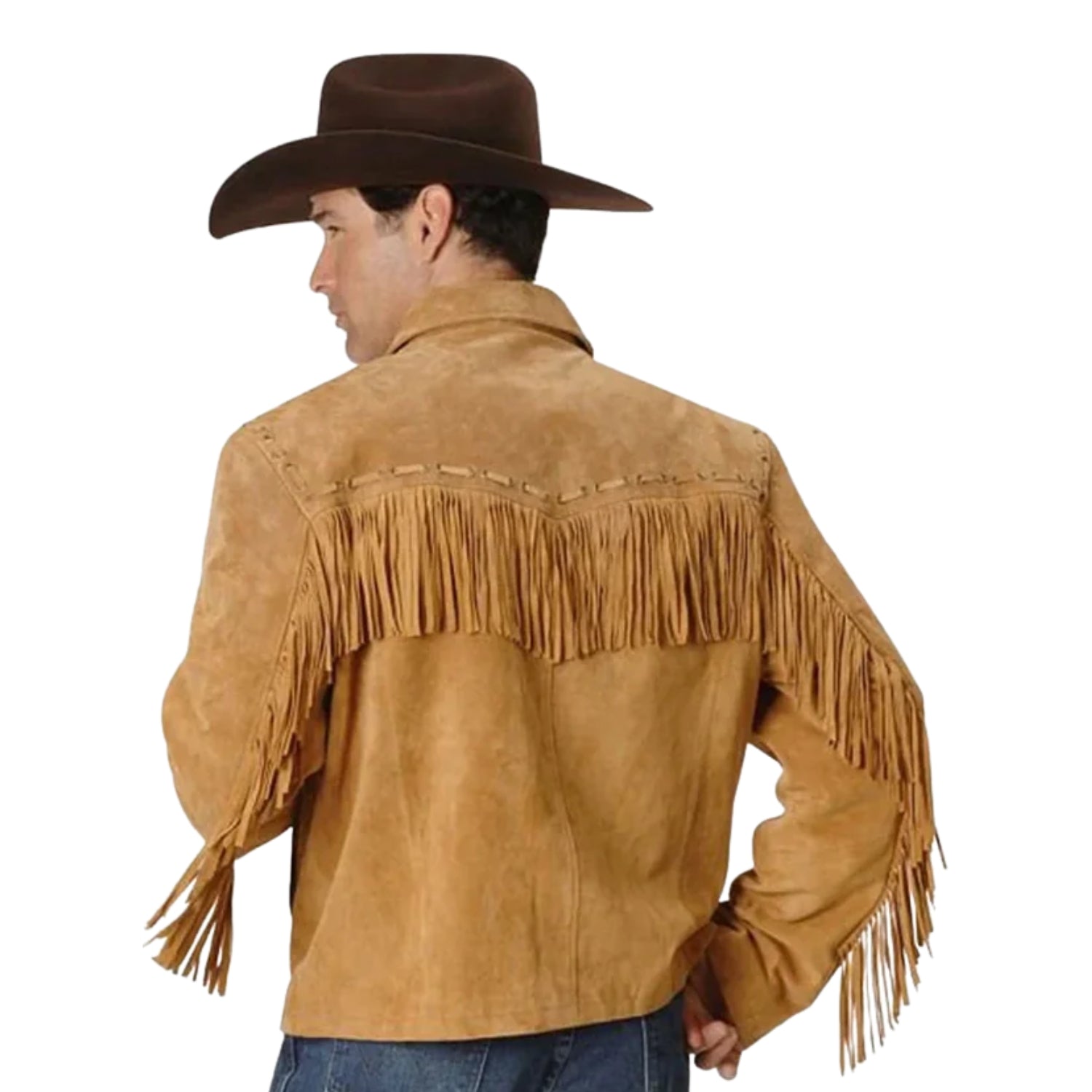 The brown suede leather fringe jacket, pictured from the front