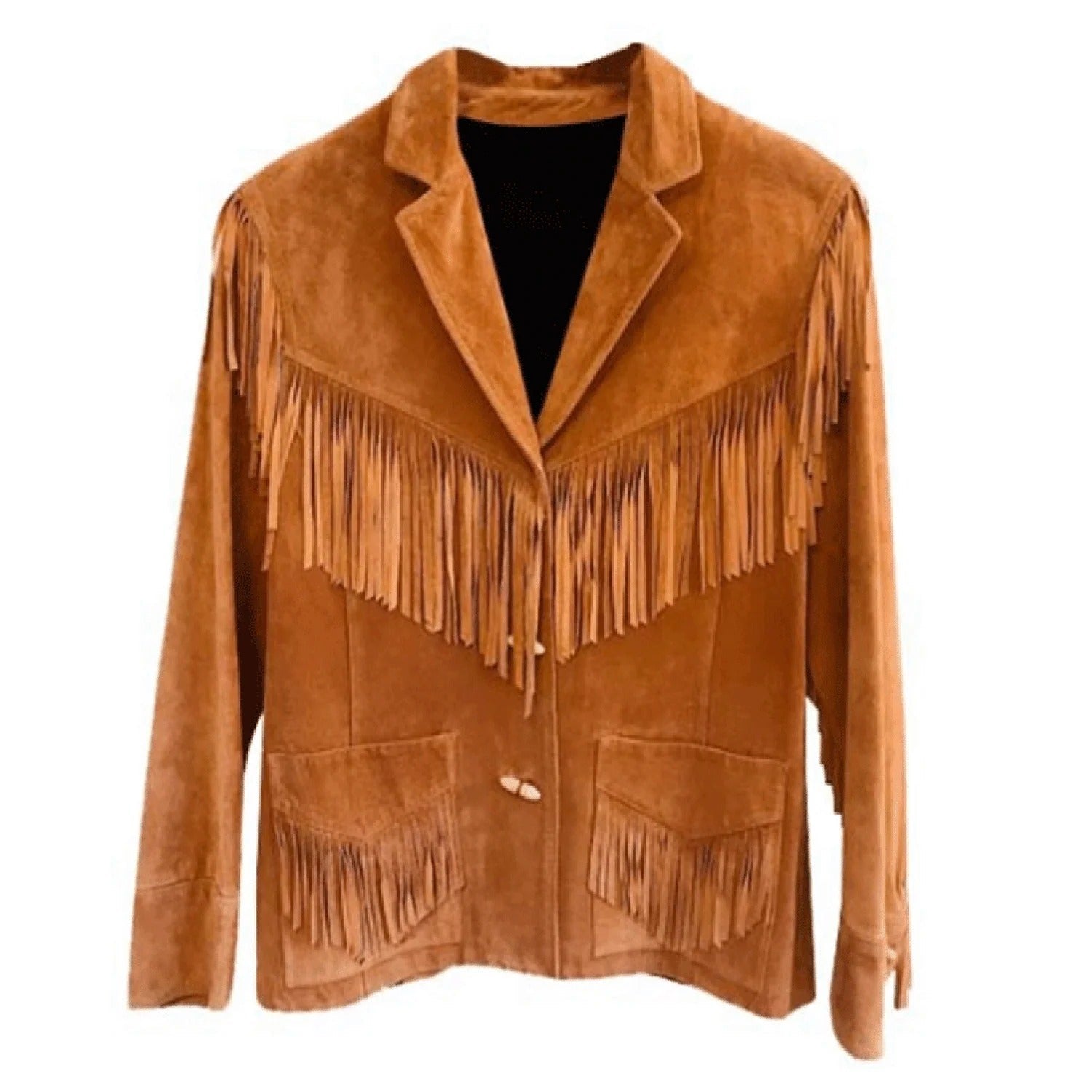 Brown suede leather fringe jacket, full display