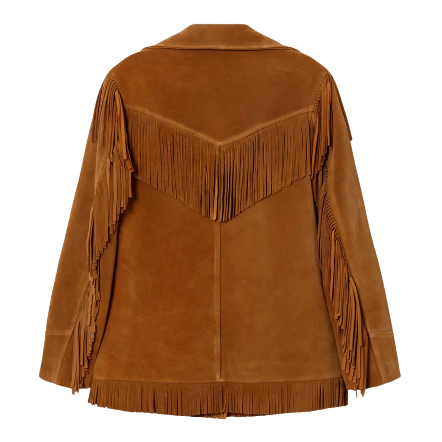 Brown suede leather fringe jacket, detail shot