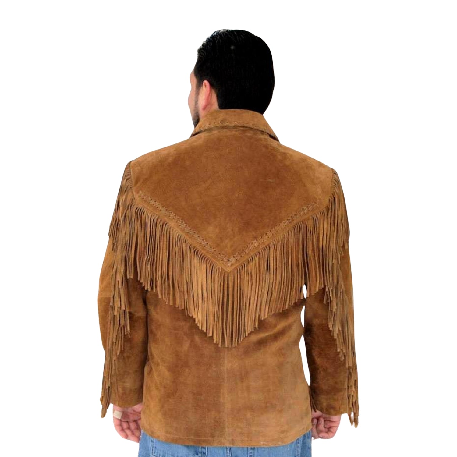 Worn styled look of the brown suede leather fringe jacket for men