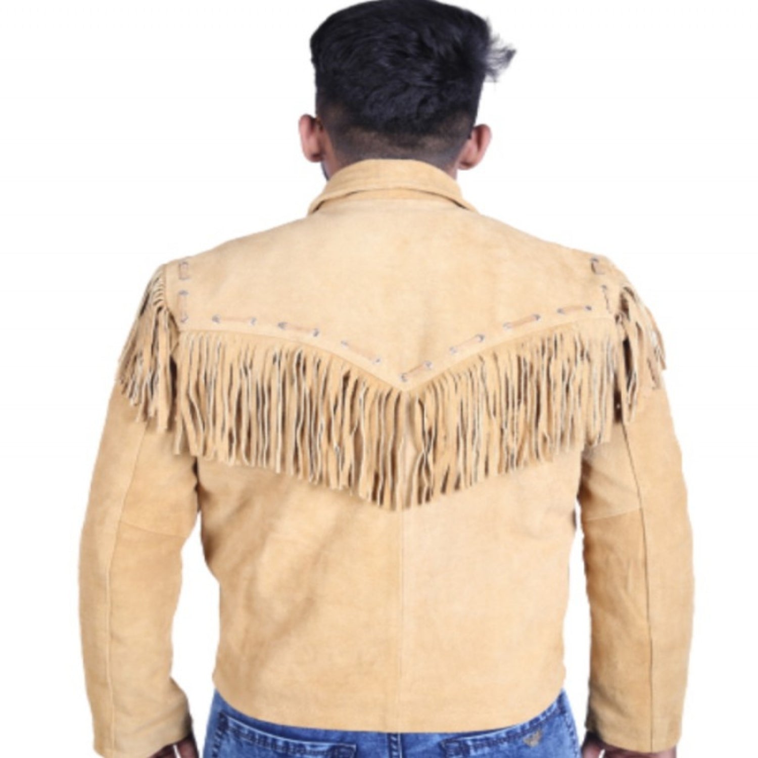 Close-up detail showing the brown suede leather fringe jacket