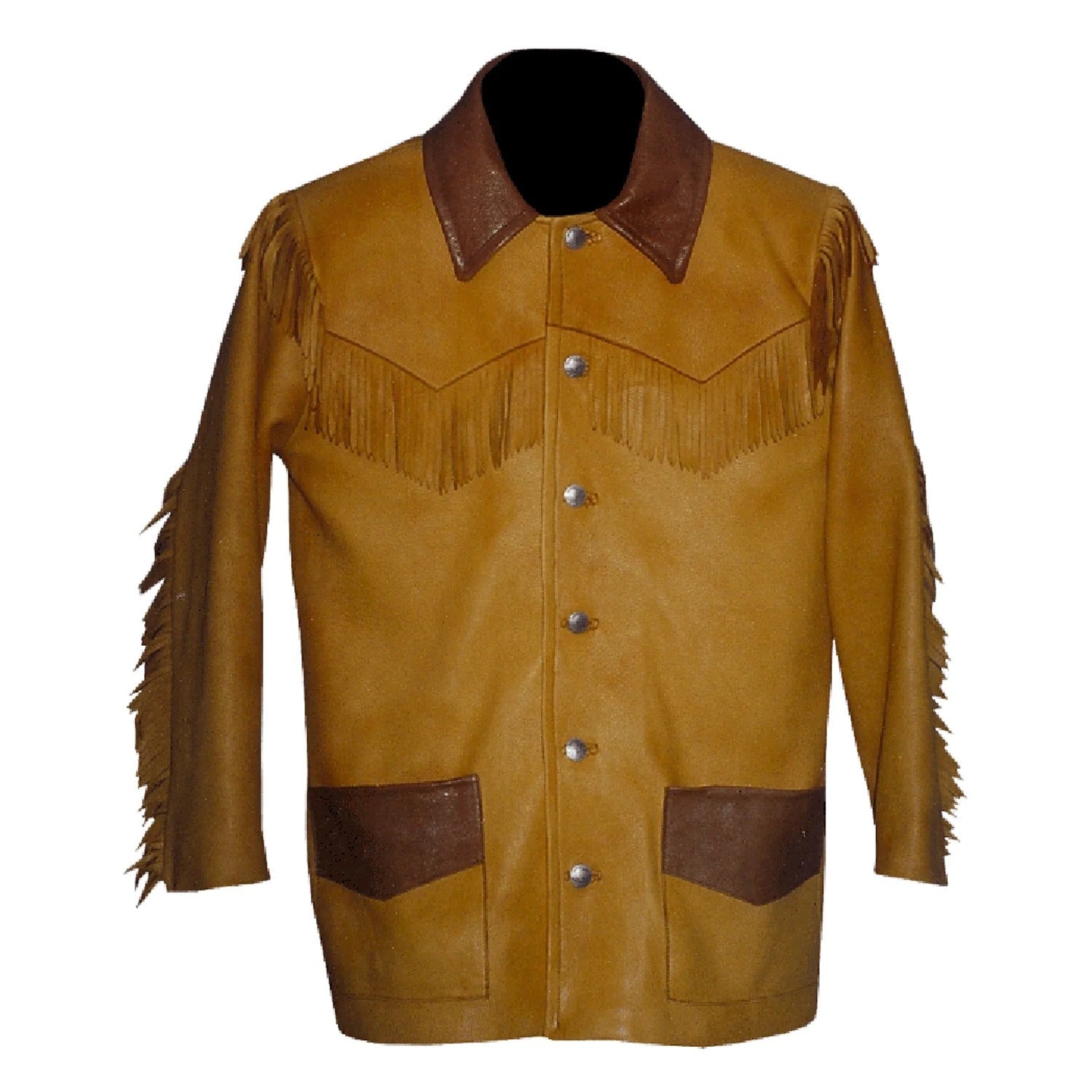 The brown suede leather fringe jacket, pictured from the side