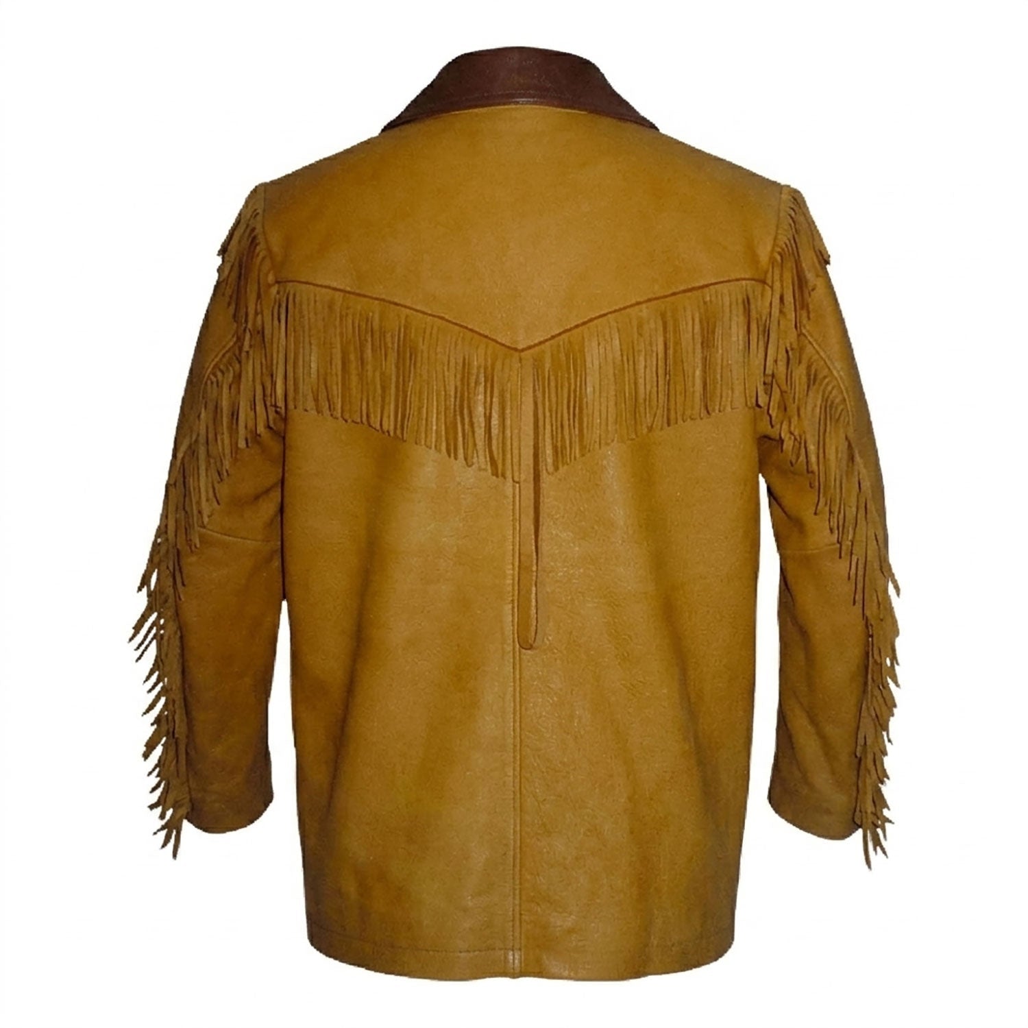 The brown suede leather fringe jacket, pictured from the back