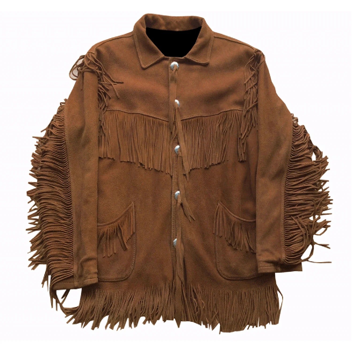 Brown suede leather fringe jacket, front view