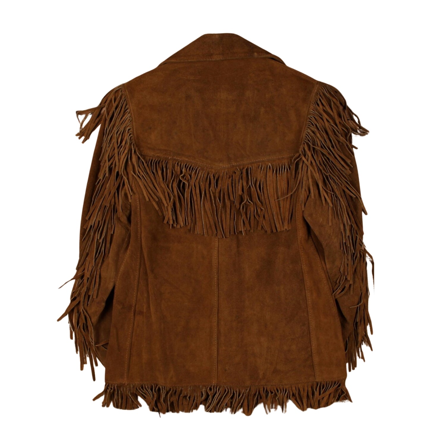 Brown suede leather fringe jacket, side profile