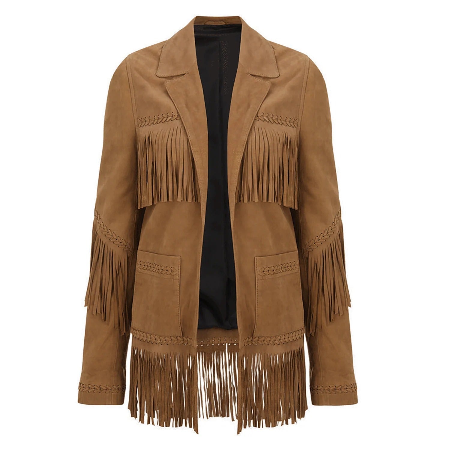 Detail shot of the brown suede leather fringe jacket for men