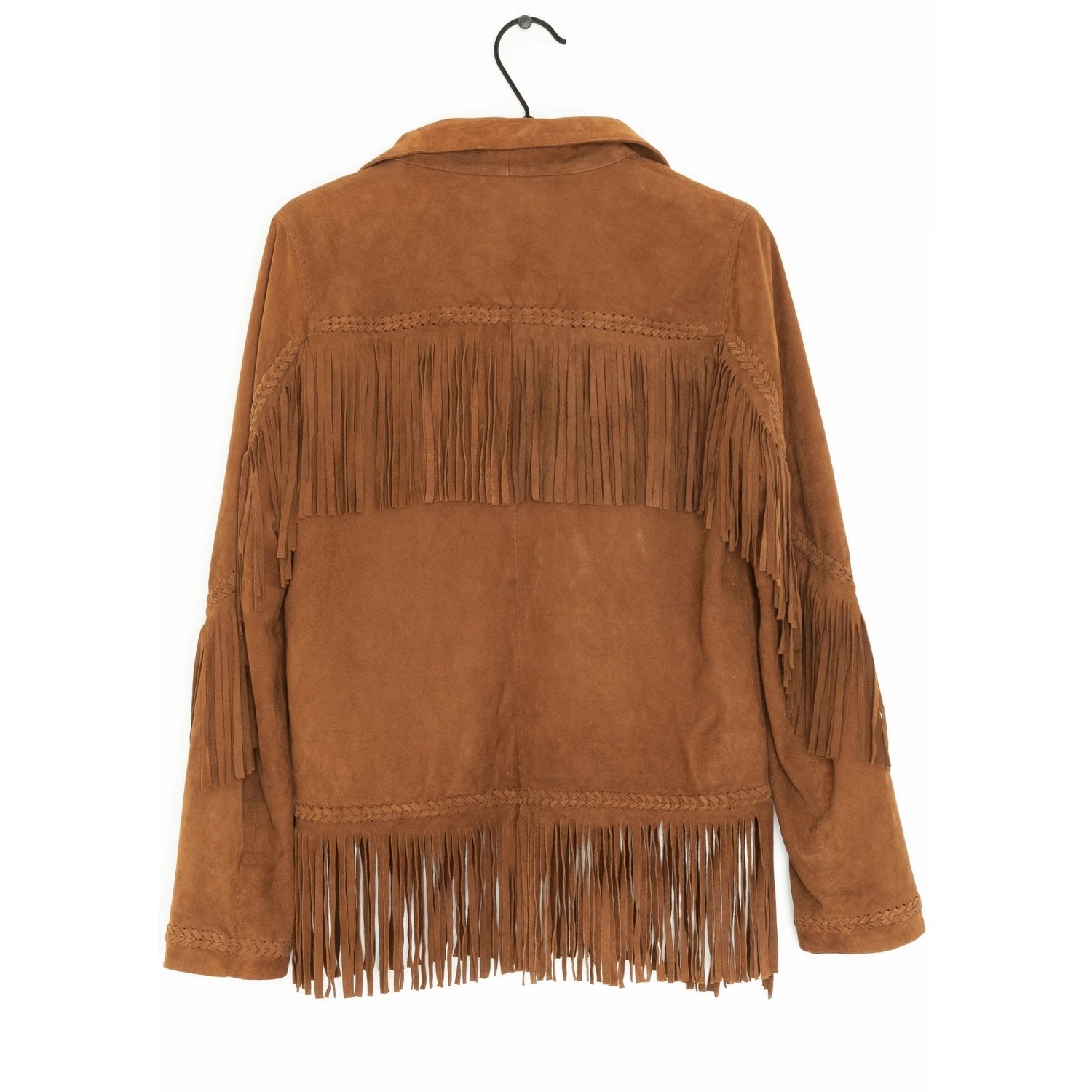 Front view of the brown suede leather fringe jacket for men