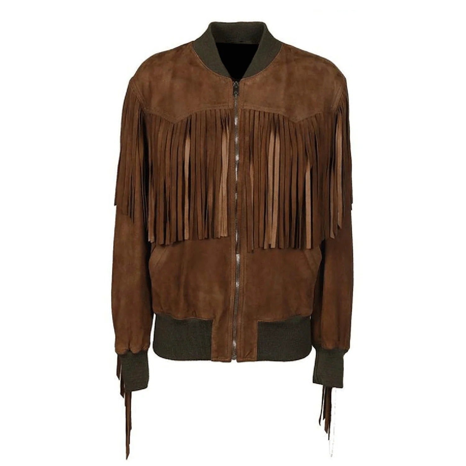 Detail shot showing the brown suede leather fringe jacket