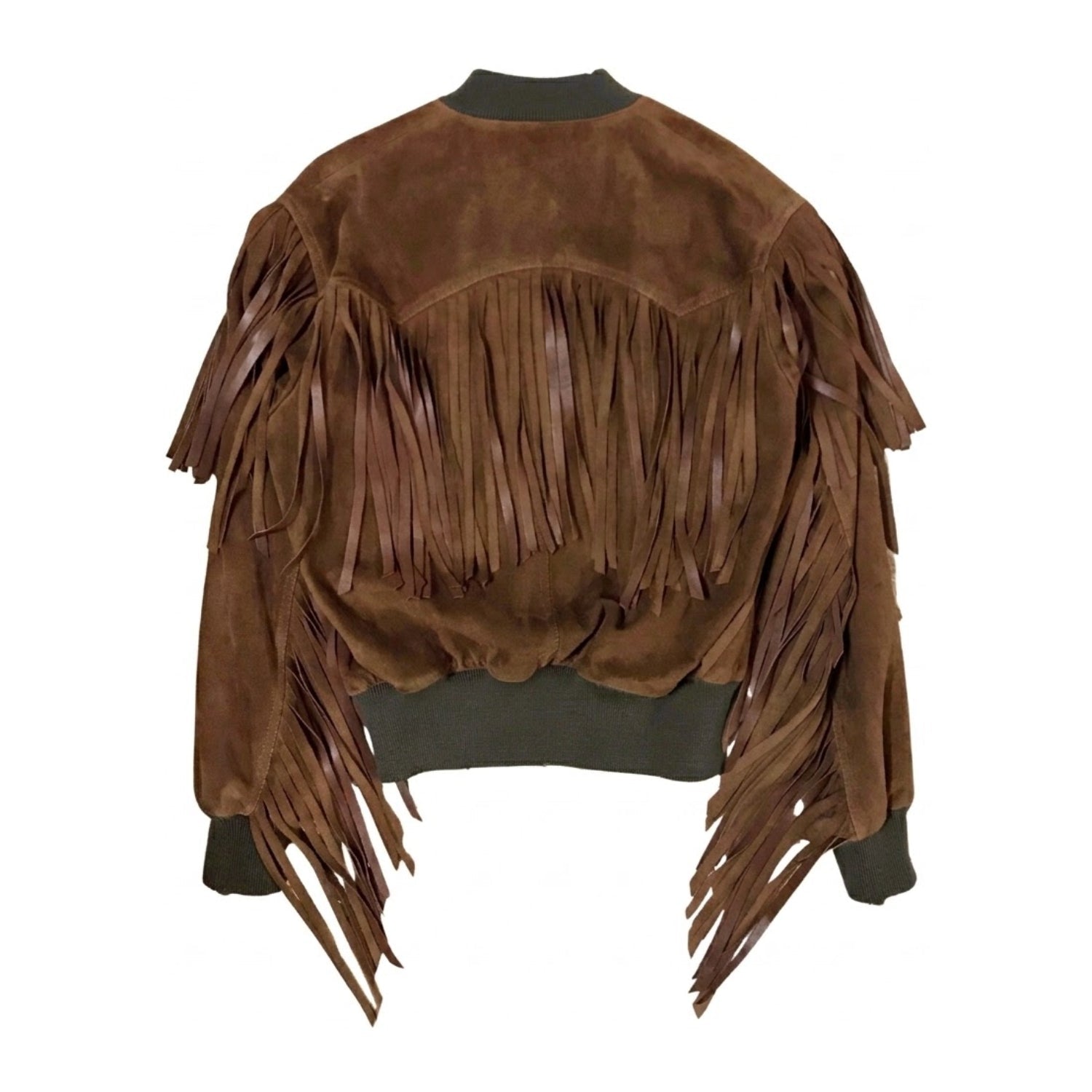 Front view showing the brown suede leather fringe jacket