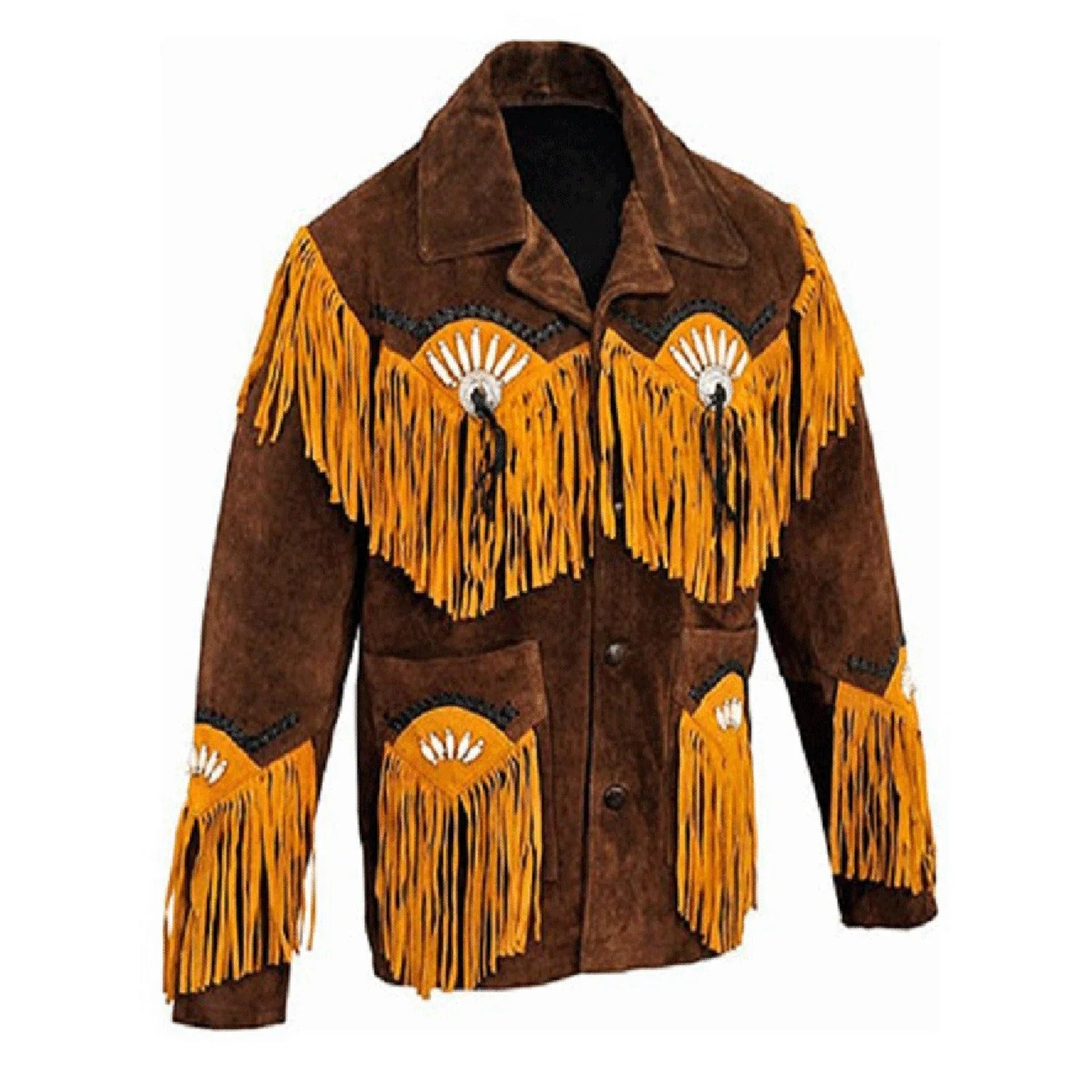 The brown suede leather fringe jacket, pictured worn and styled