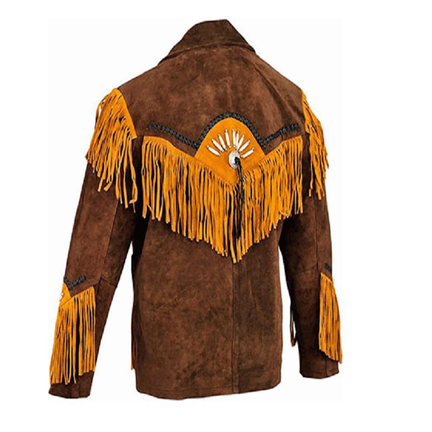 The brown suede leather fringe jacket, pictured in full display
