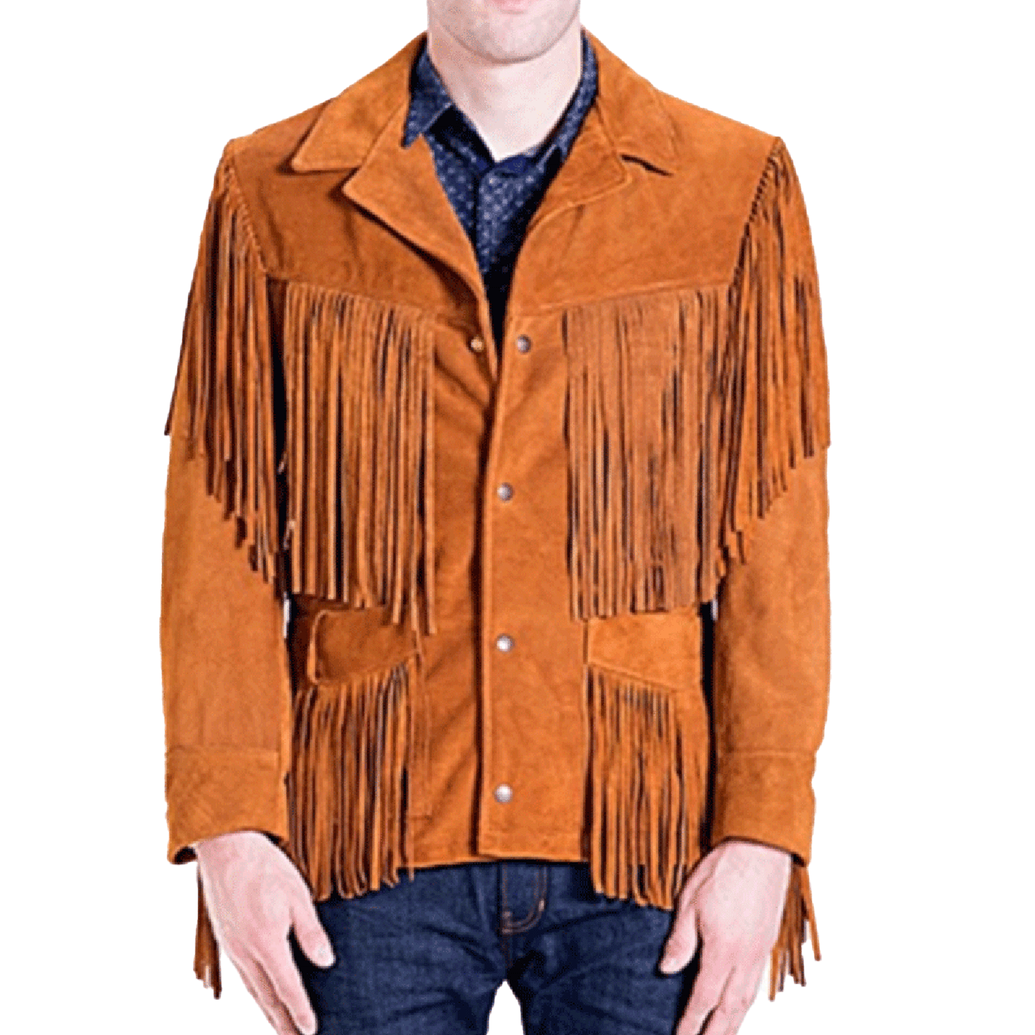 Front view of the brown suede leather fringe jacket for men
