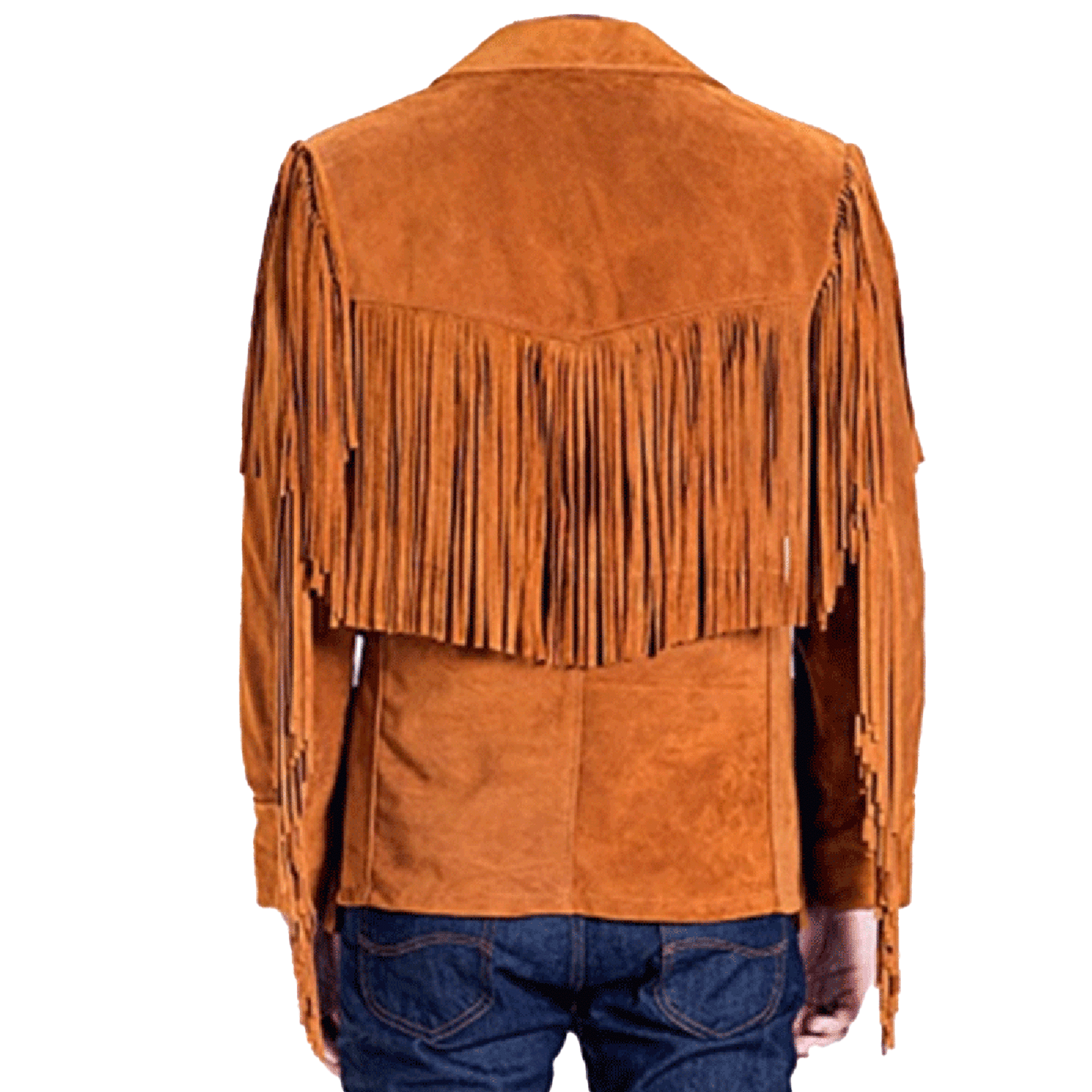 Back view of the brown suede leather fringe jacket for men