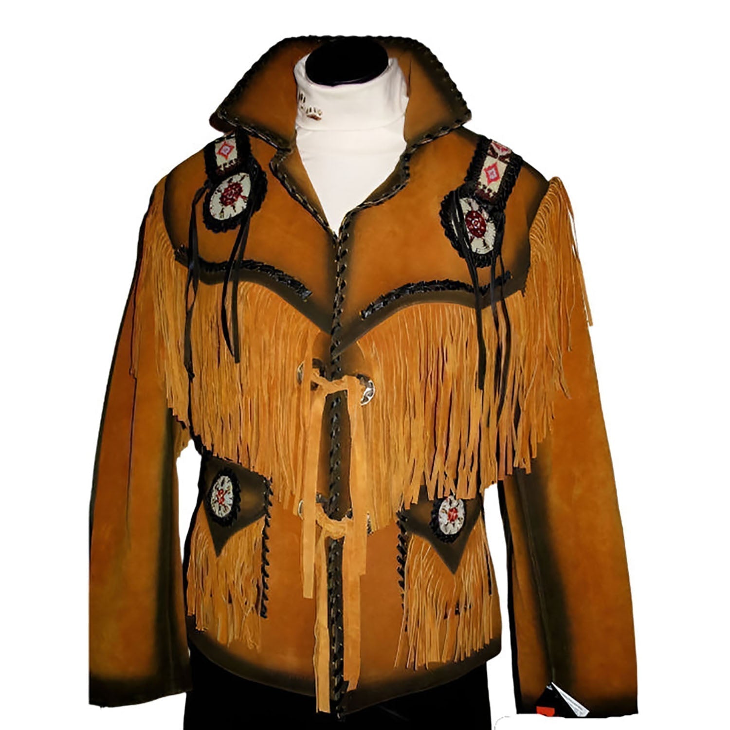 Brown leather jacket with fringes and decorative elements on a white background