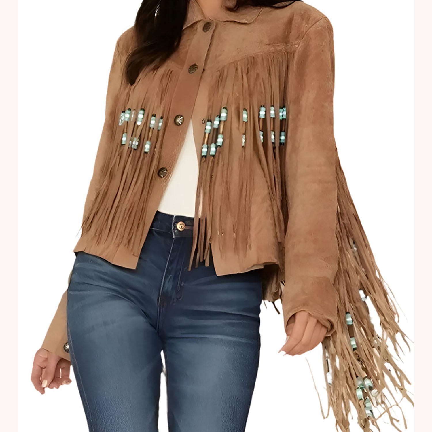Western Fringe Brown Suede Leather Jacket for Women front view