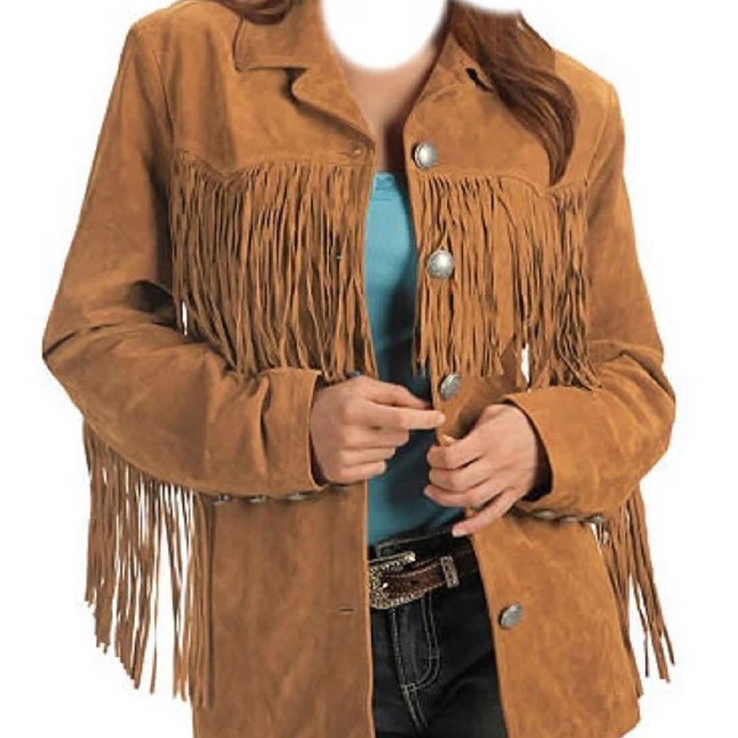 Western Fringe Brown Suede Leather Jacket for Women front view