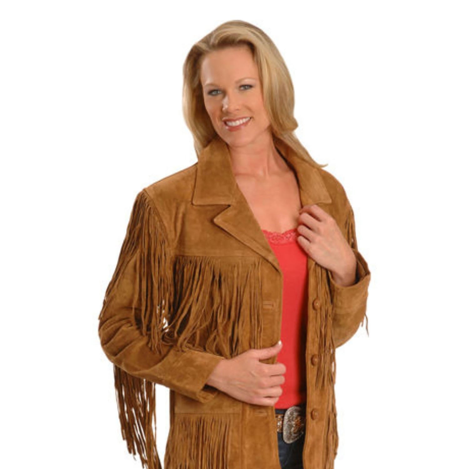 Western Fringe Brown Suede Leather Jacket for Women front view
