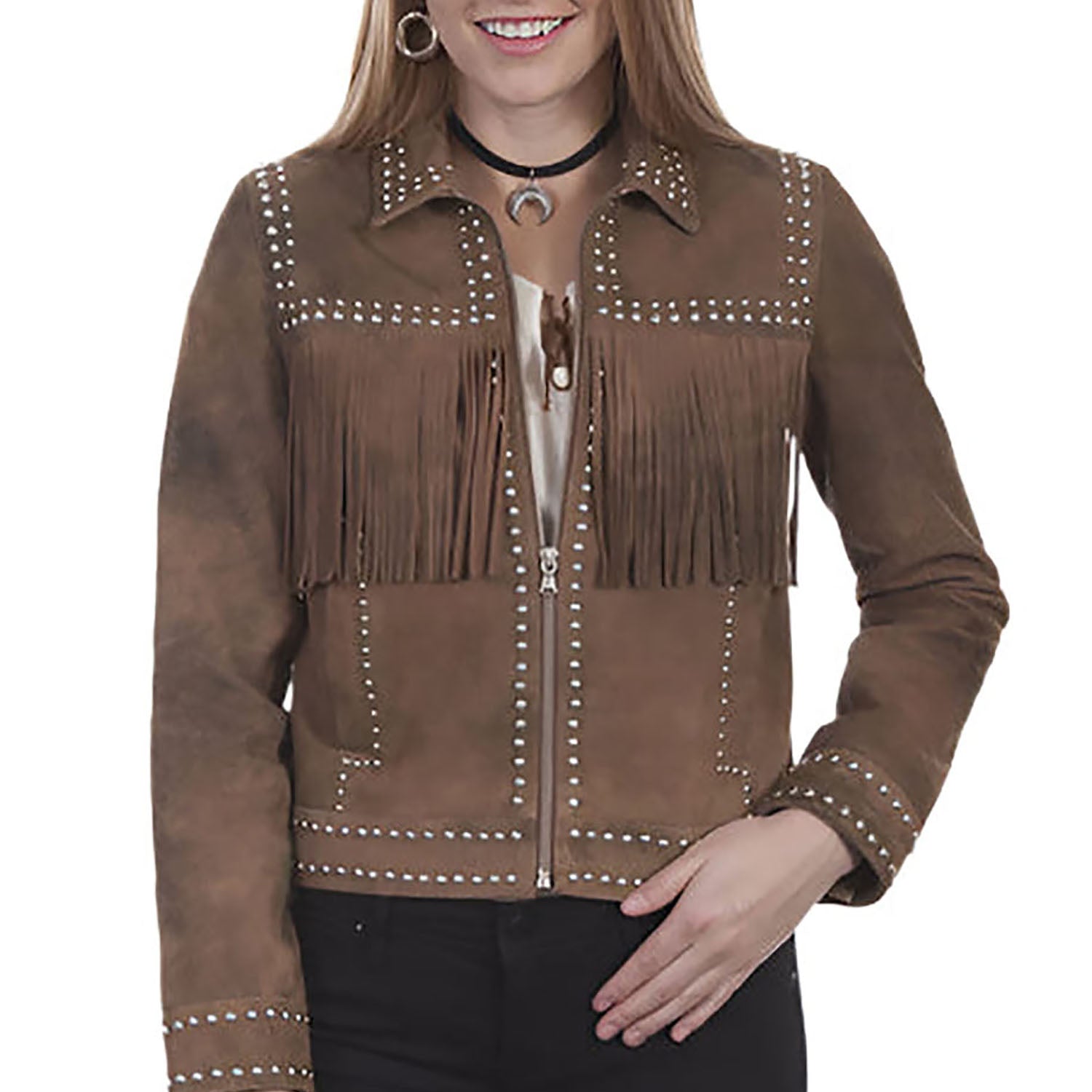 Western Fringe Brown Suede Leather Jacket for Women front view