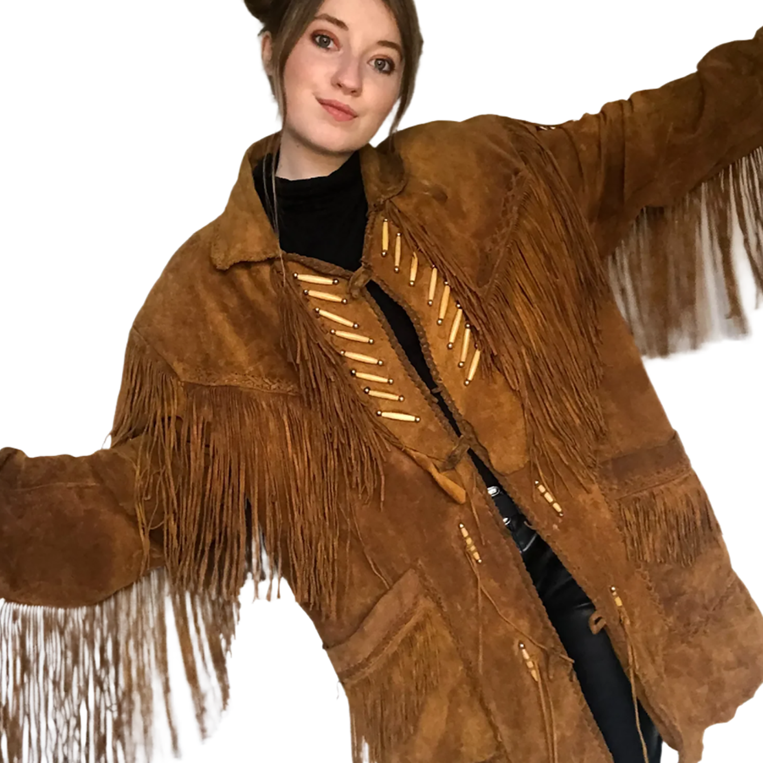 Western Fringe Brown Suede Leather Jacket for Women front view