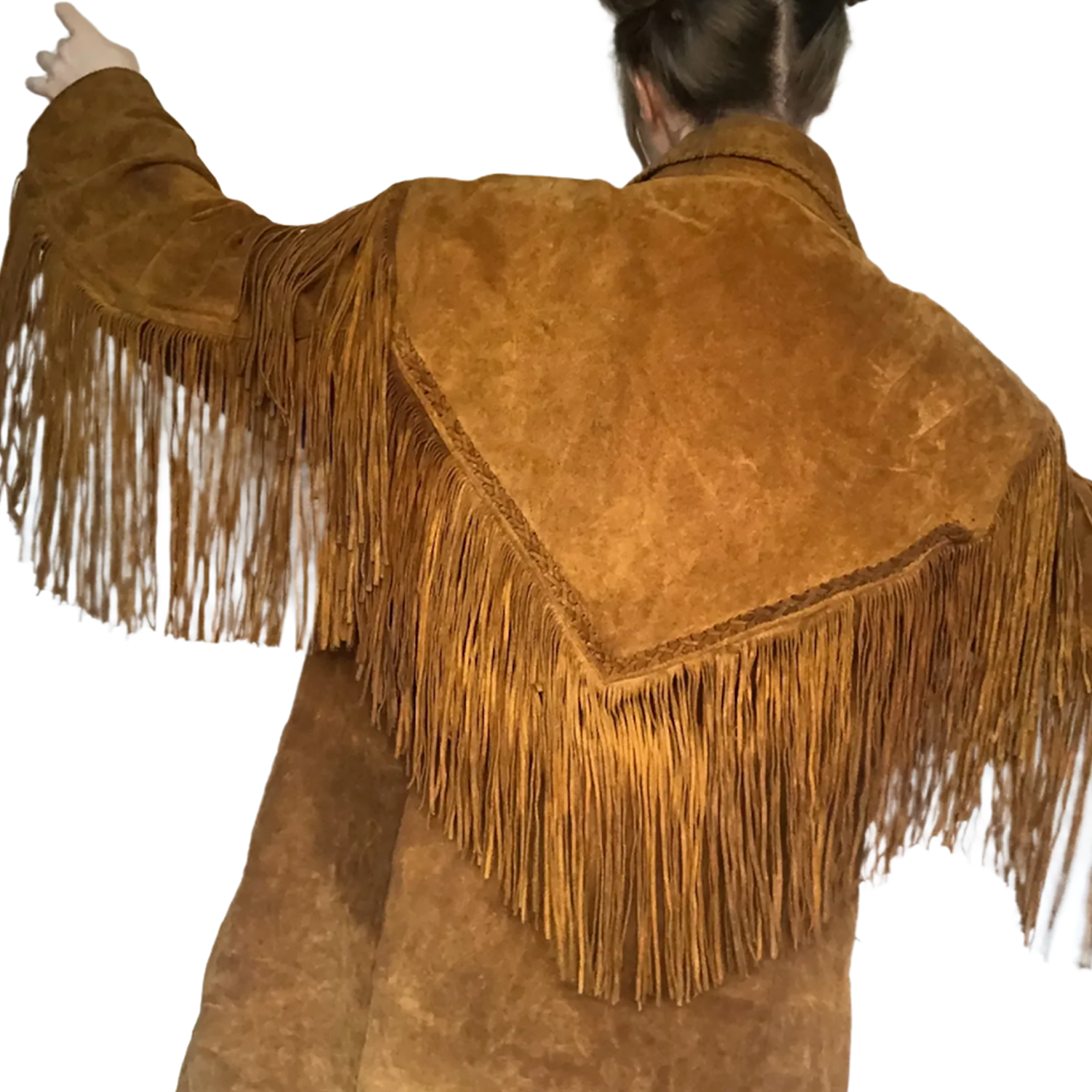 Western Fringe Brown Suede Leather Jacket for Women back view