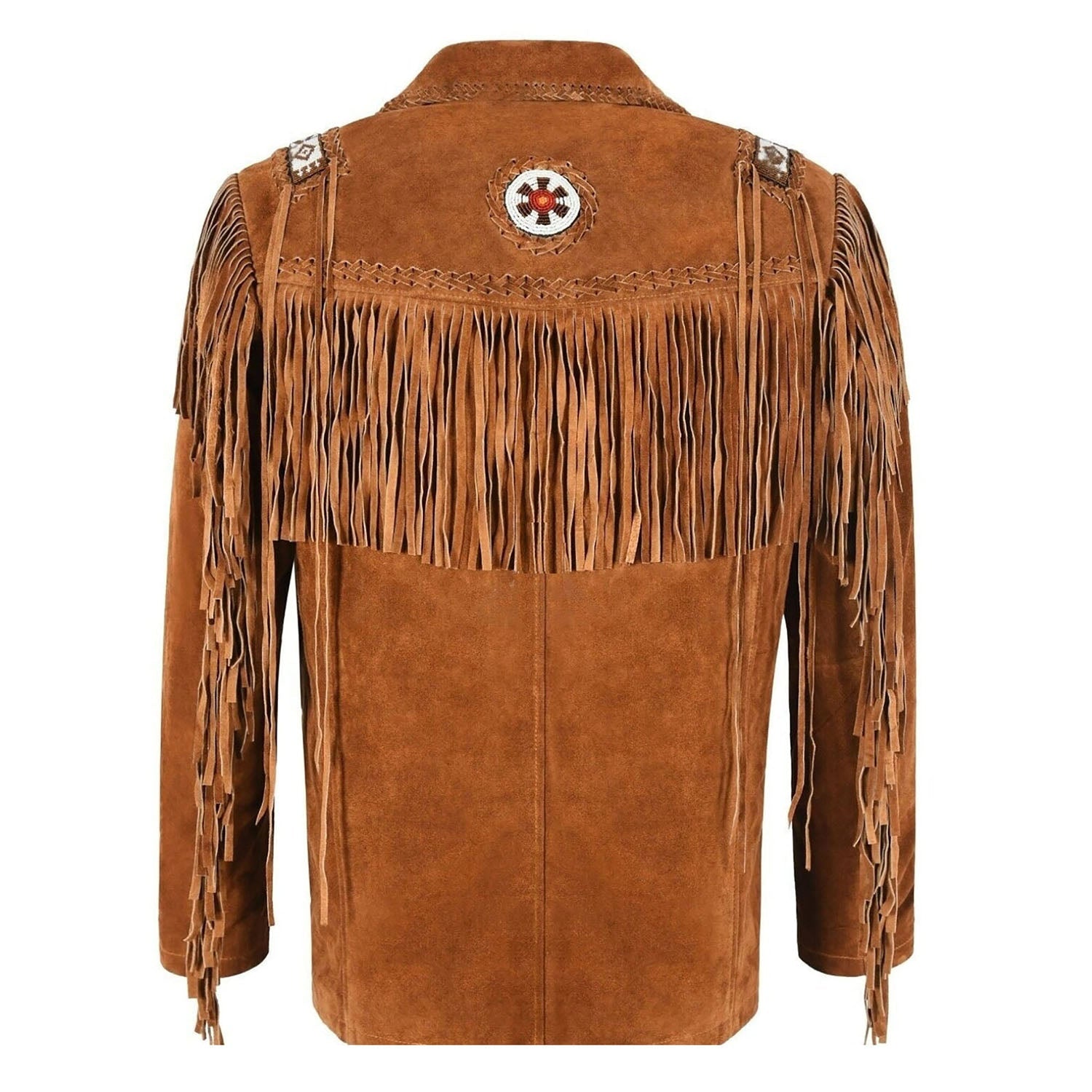 Brown suede leather fringe jacket, worn styled look