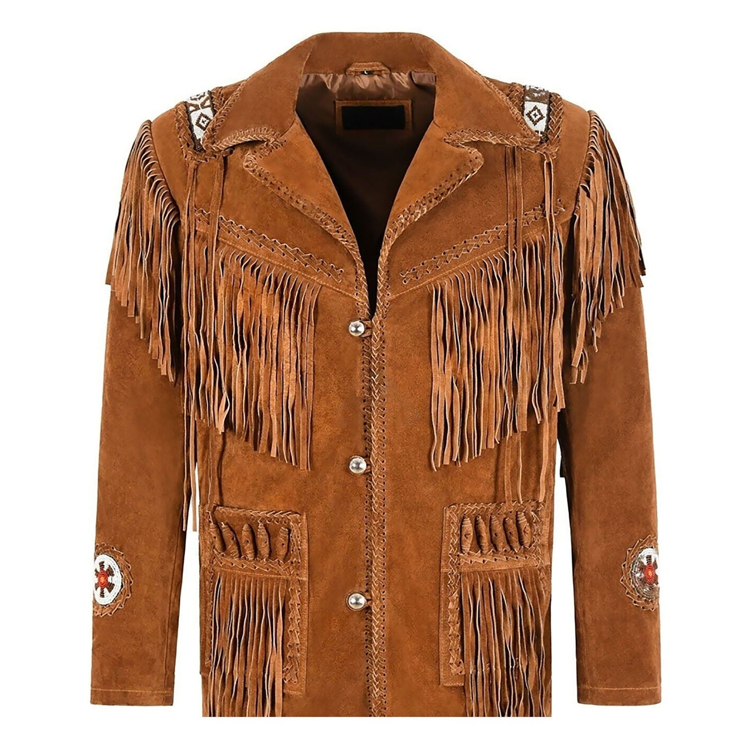 Brown suede leather fringe jacket, close-up detail