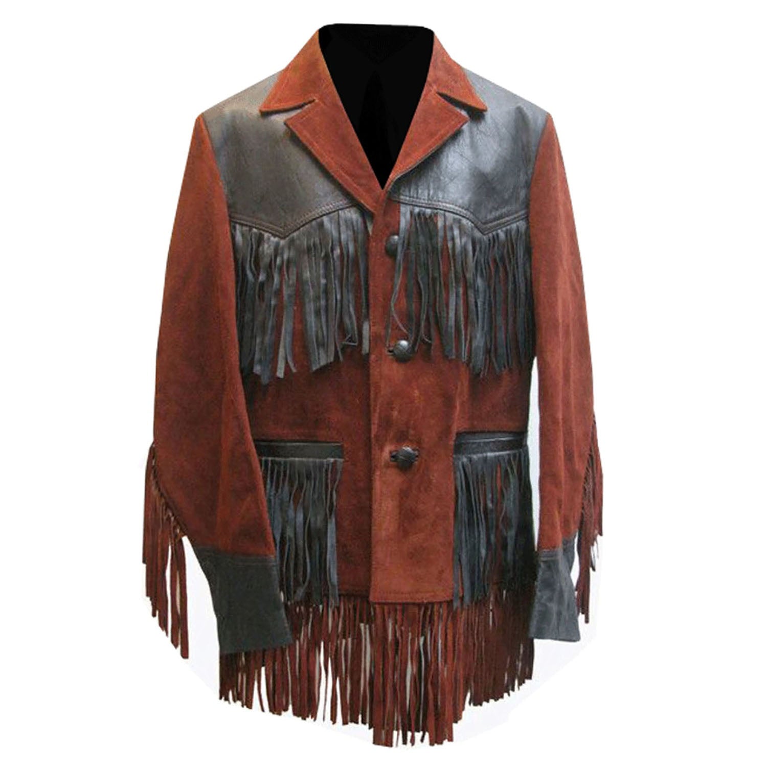 Back view of the black suede leather fringe jacket for men