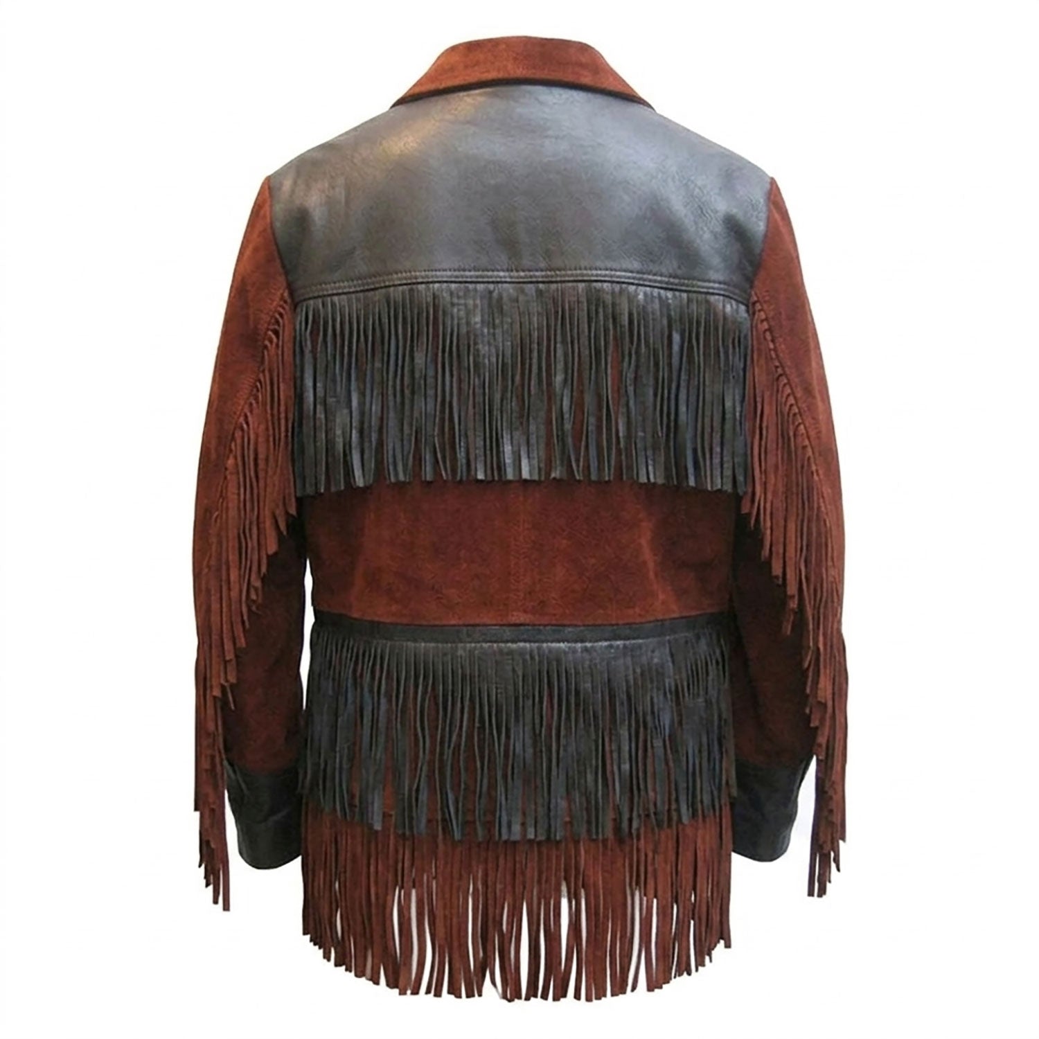 Close-up detail of the black suede leather fringe jacket for men