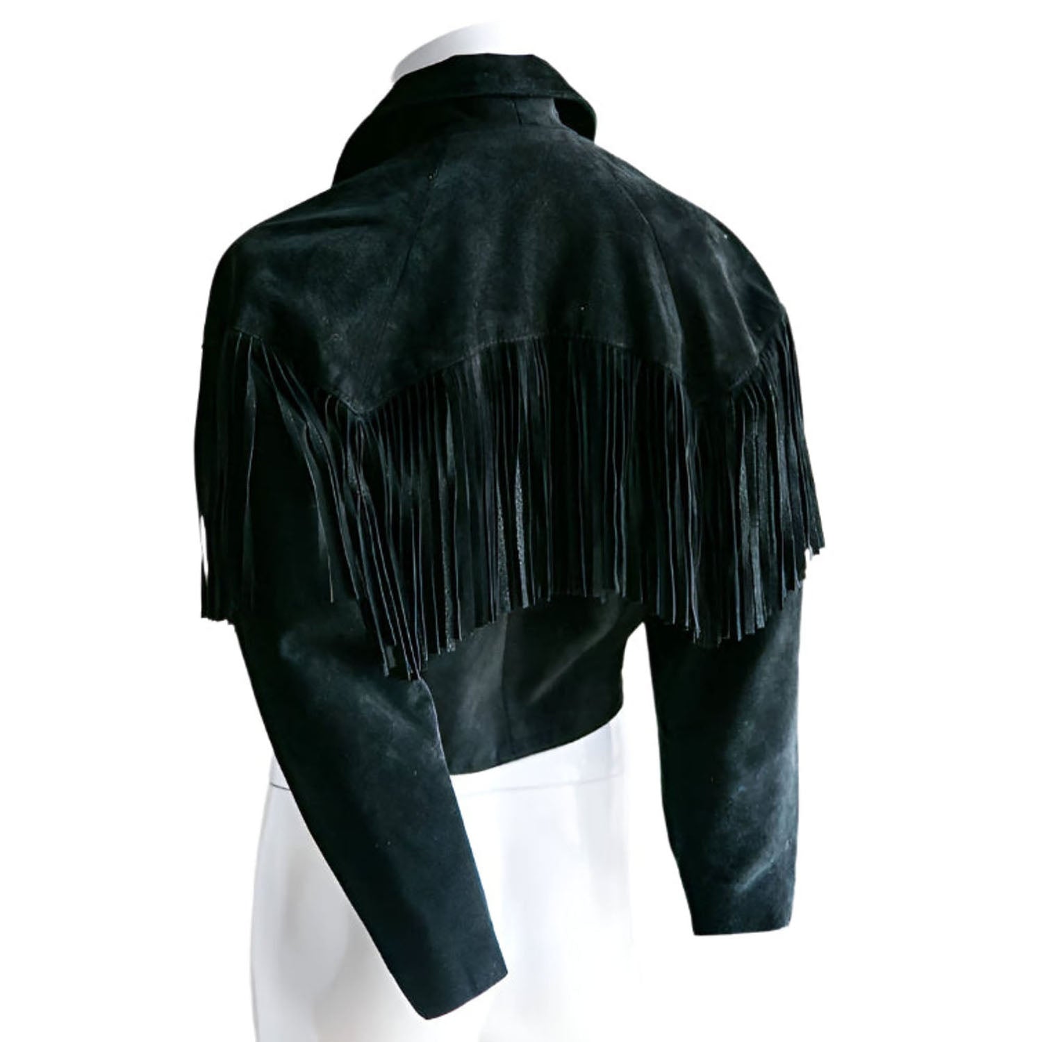 Western Fringe Dark Green Suede Leather Jacket Short Jacket for Women back view