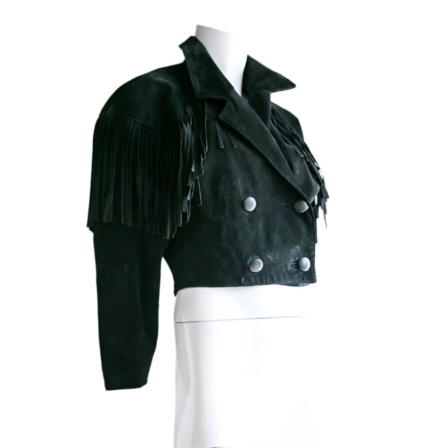 Western Fringe Dark Green Suede Leather Jacket Short Jacket for Women side view